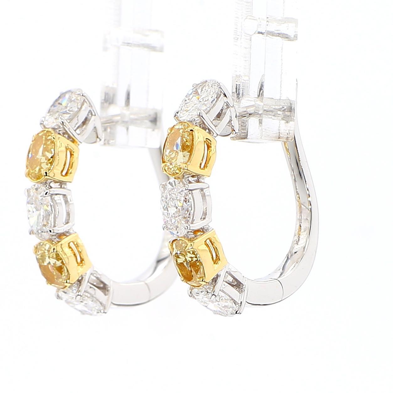 RareGemWorld's schöne Diamant-Ohrringe. Eingefasst in eine wunderschöne Fassung aus 18 Karat Gelb- und Weißgold mit gelben Diamanten im natürlichen Ovalschliff. Die gelben Diamanten sind von ovalen weißen Naturdiamanten umgeben. Diese Ohrringe