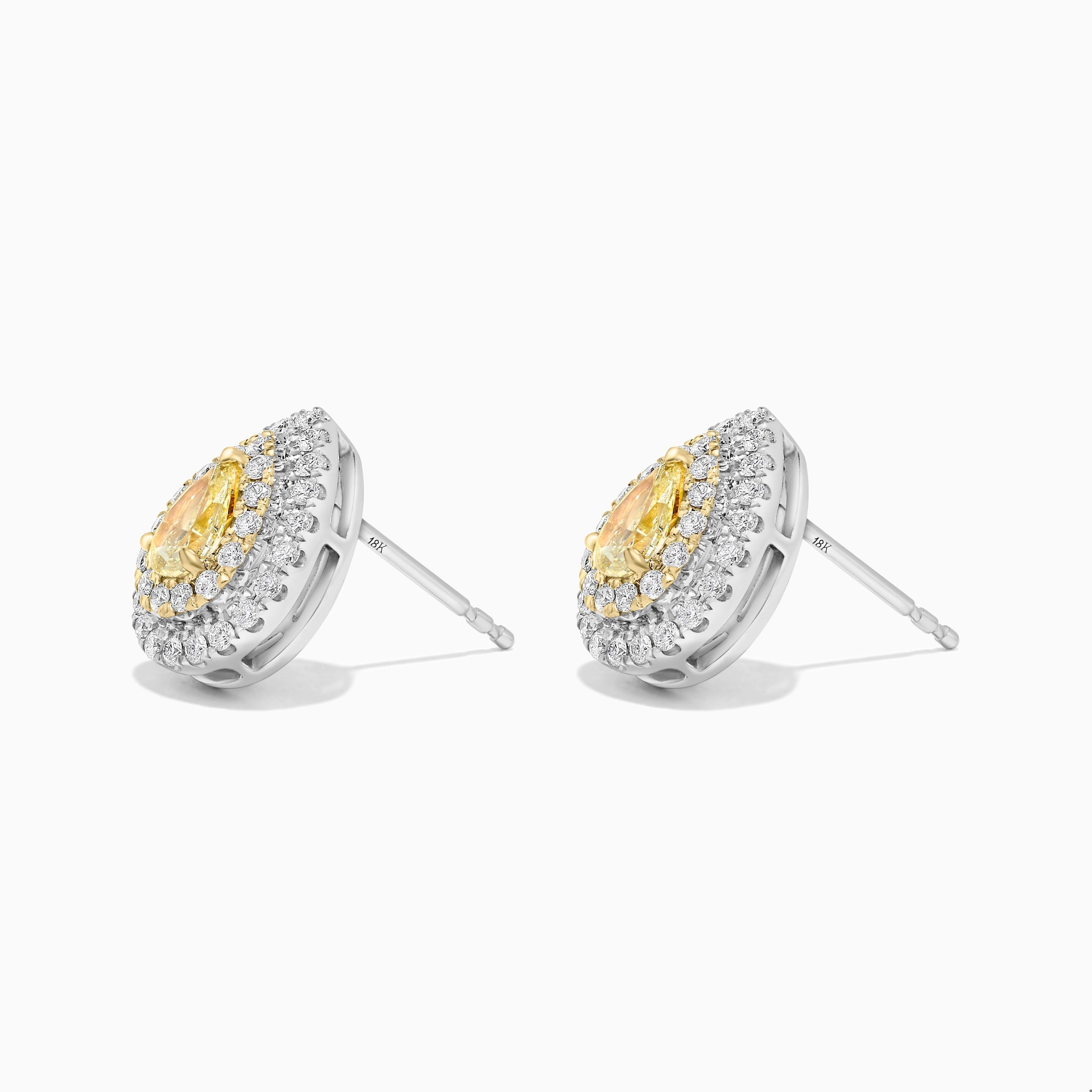 Orecchini con diamante giallo naturale taglio pera di RareGemworld. Montato in una splendida montatura in oro giallo e bianco 18 carati con diamanti gialli naturali taglio pera. I diamanti gialli sono circondati da piccoli diamanti bianchi rotondi