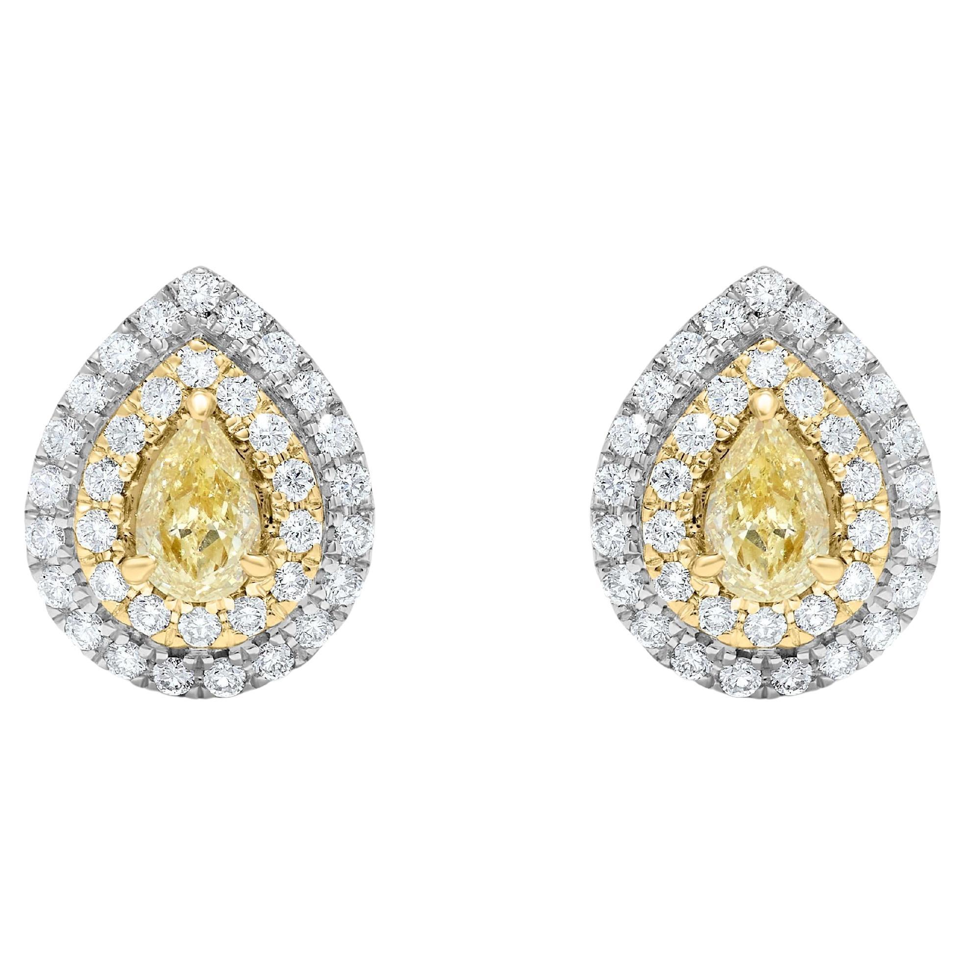 Natural Yellow Pear and White Diamond 1.14 Carat TW Gold Stud Earrings