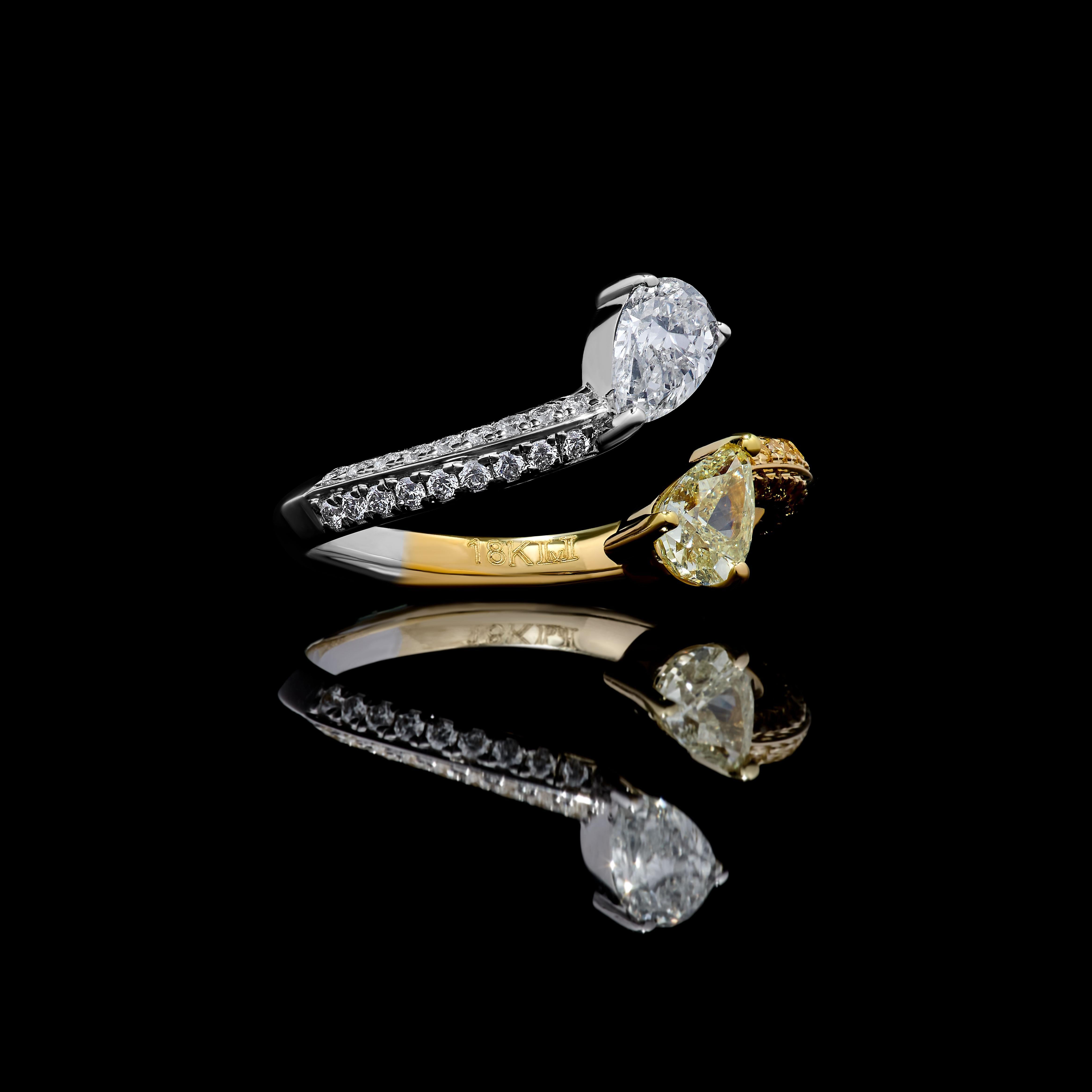 Pear Cut Natural Yellow Pear and White Diamond 1.27 Carat TW Yellow Gold Cocktail Ring For Sale