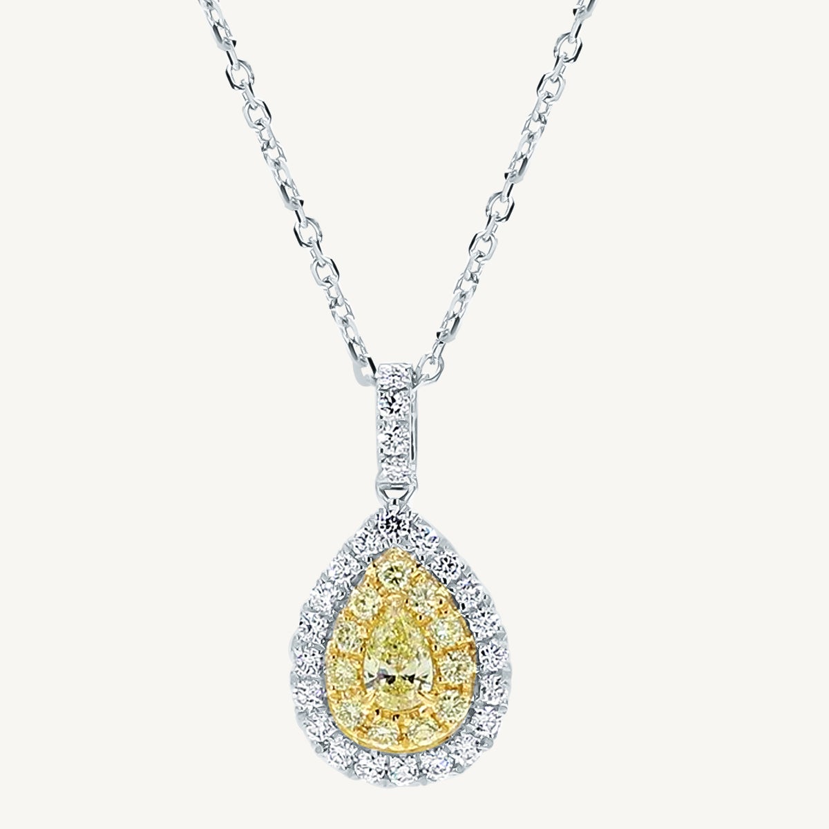 Natürlicher gelber Birnen- und weißer Diamant .79 Karat TW Gold Tropfenanhänger im Angebot