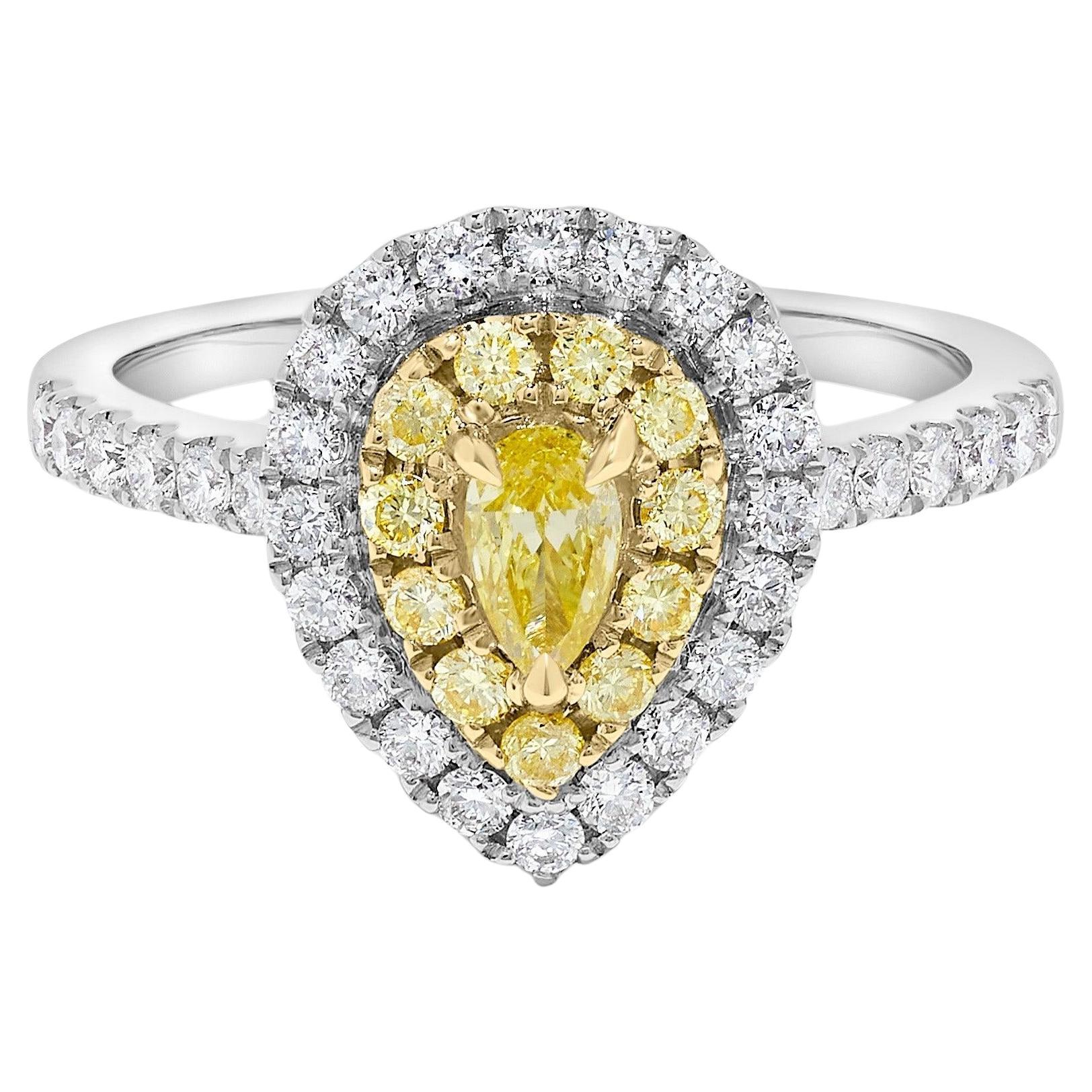 Natural Yellow Pear and White Diamond .86 Carat TW Platinum Cocktail Ring
