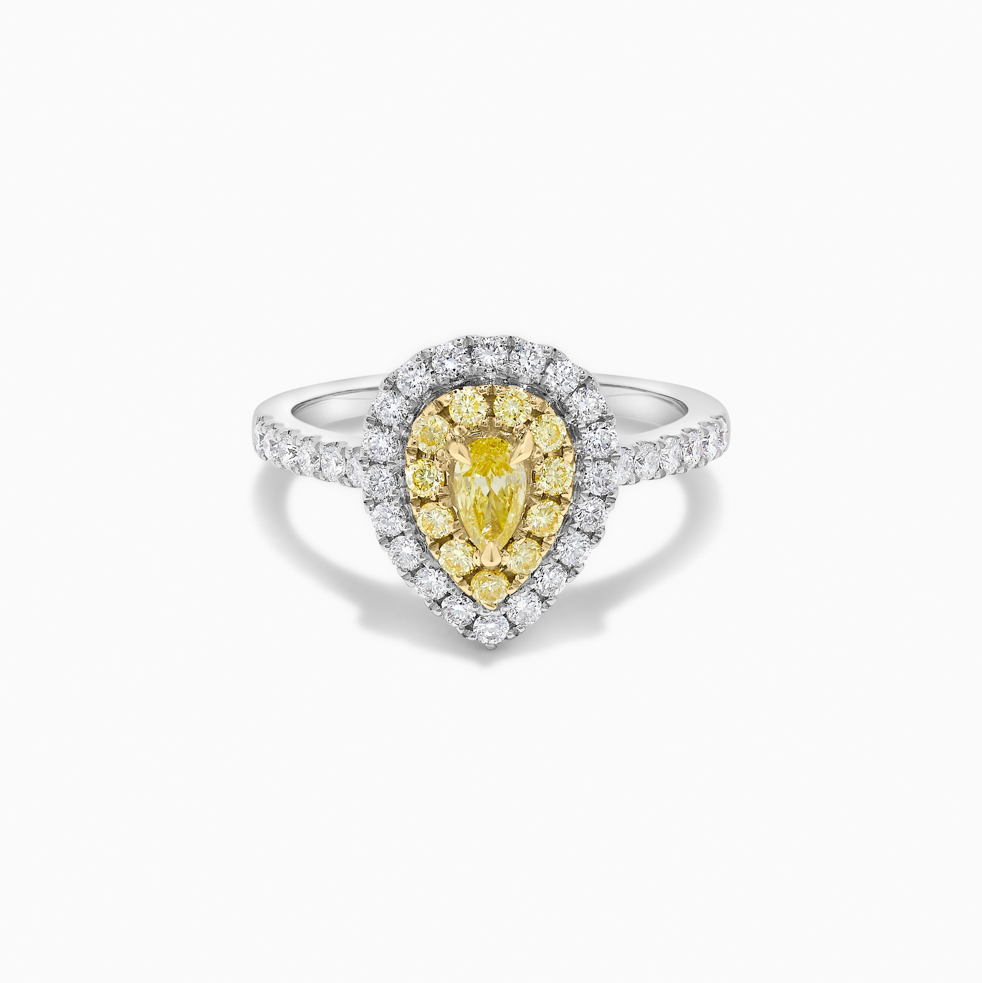 Natural Yellow Pear and White Diamond .87 Carat TW Platinum Cocktail Ring For Sale