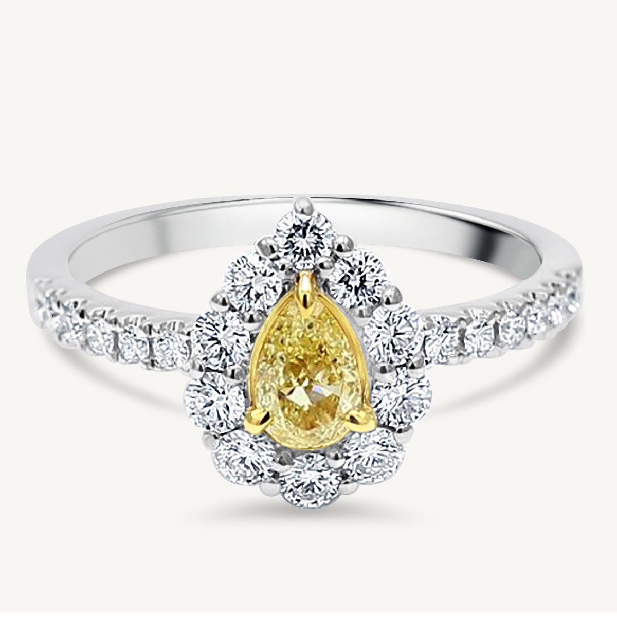 Natural Yellow Pear and White Diamond .98 Carat TW White Gold Cocktail Ring For Sale