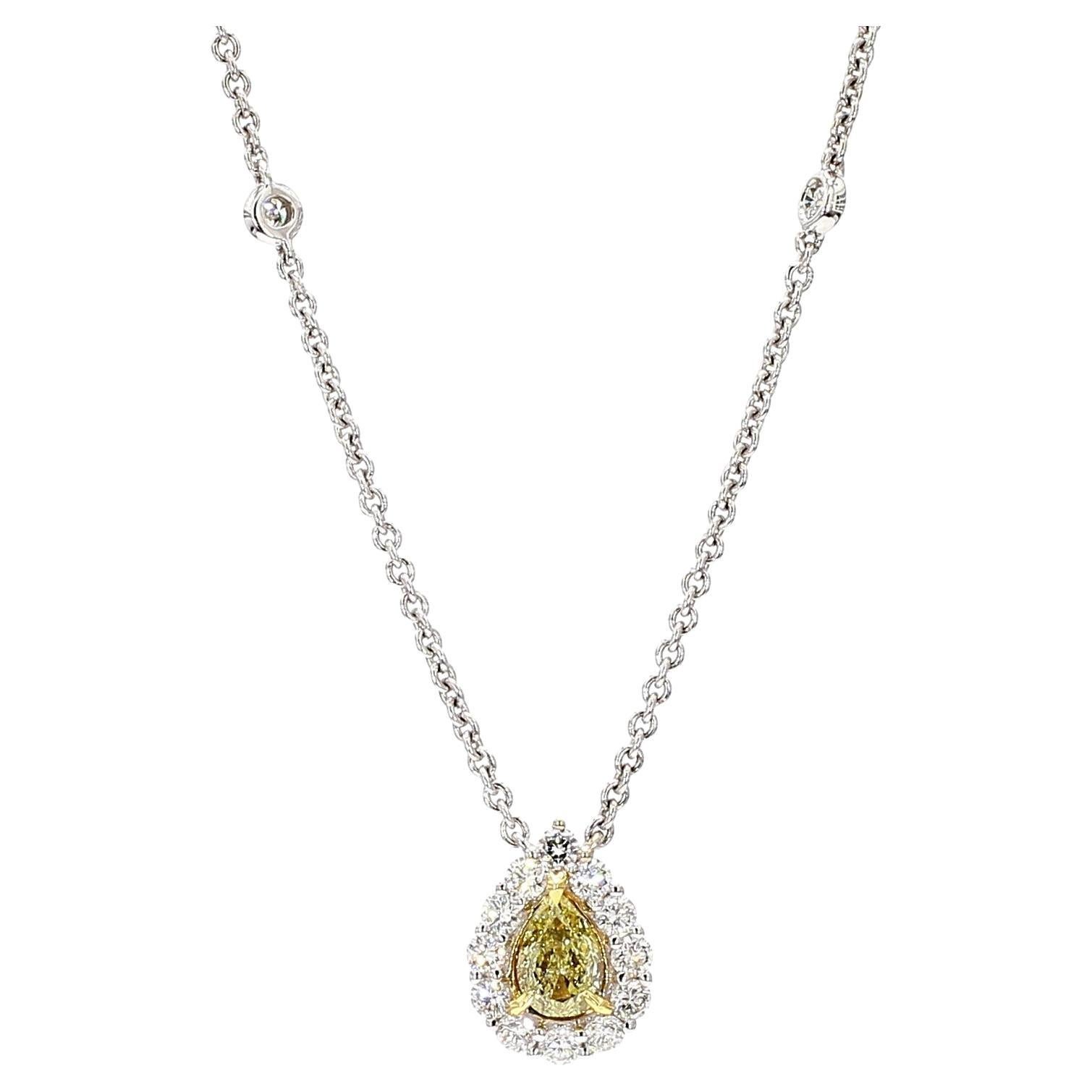 Natural Yellow Pear Diamond 0.82 Carat TW Gold Drop Necklace