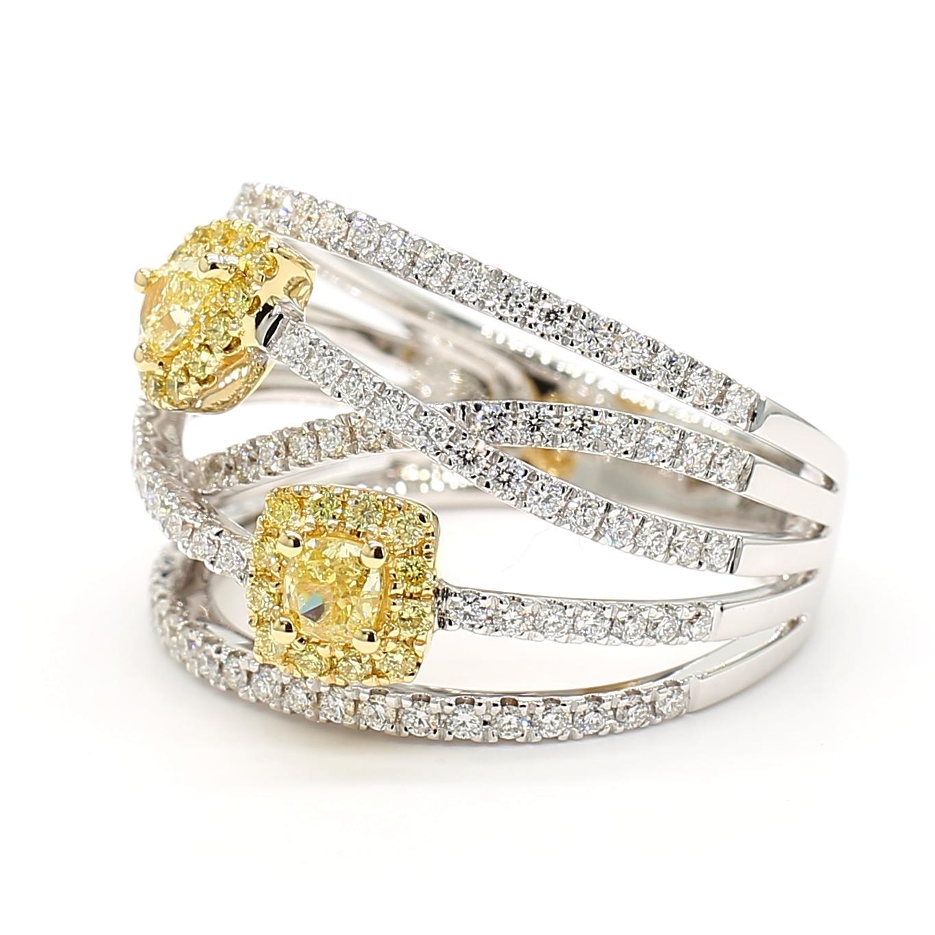 RareGemWorld's beautiful GIA certified diamond ring. Mounted in a beautiful 18K Yellow and White setting with a natural pear cut yellow diamond and a natural cushion cut yellow diamond. The yellow diamonds are surrounded by round natural white