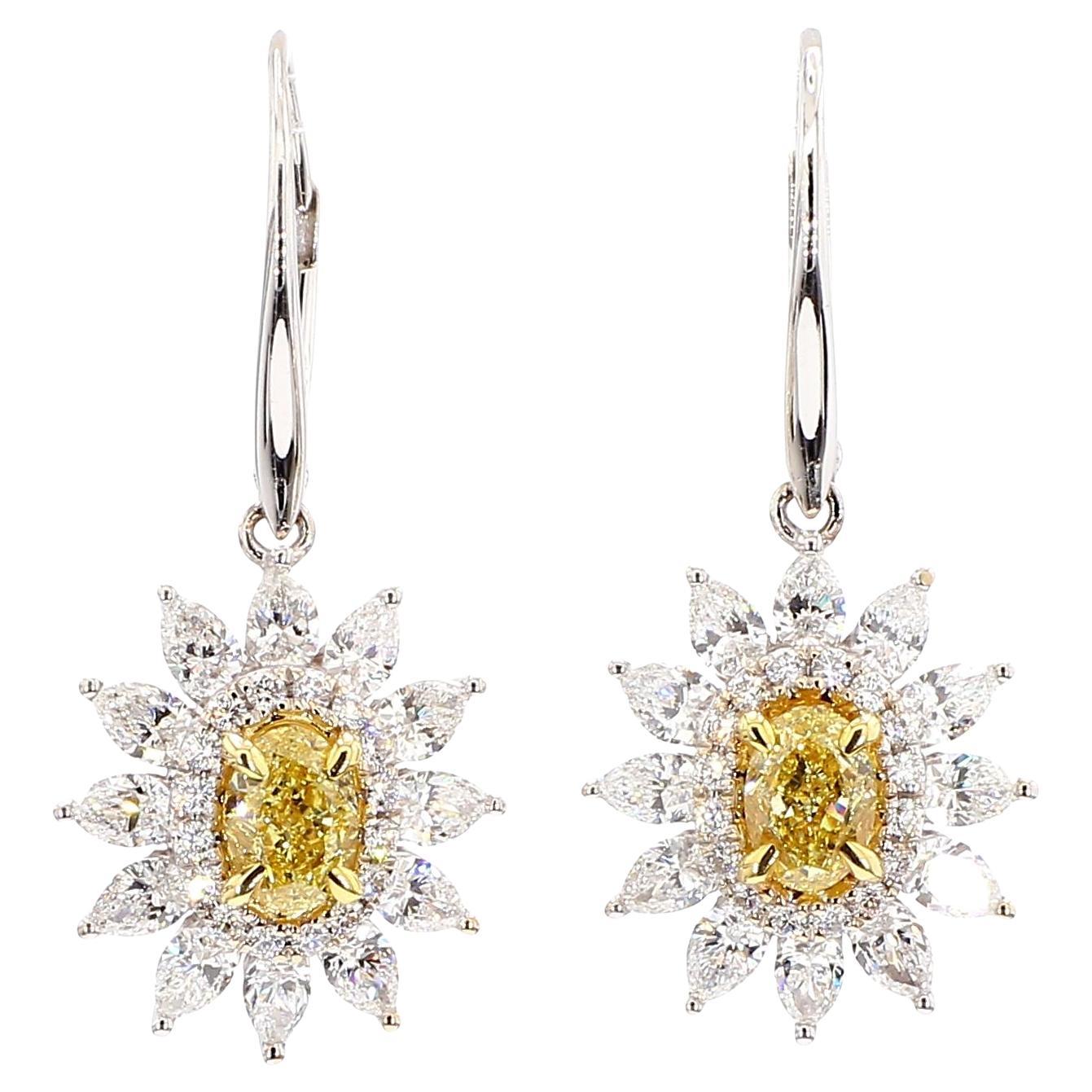 Natural Yellow Pear Diamond 2.80 Carat TW Gold Drop Earrings