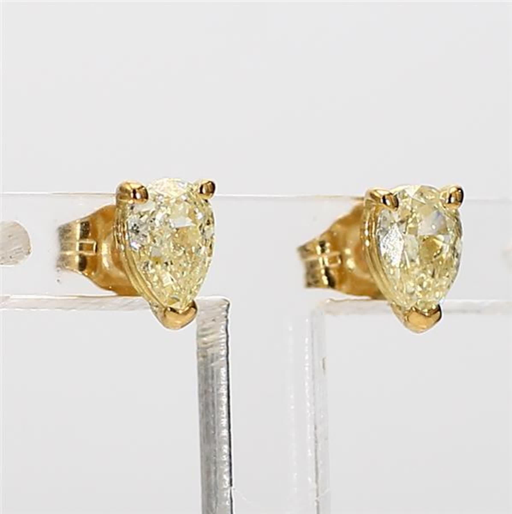 Natural Yellow Pear Diamond .84 Carat TW Yellow Gold Stud Earrings 1