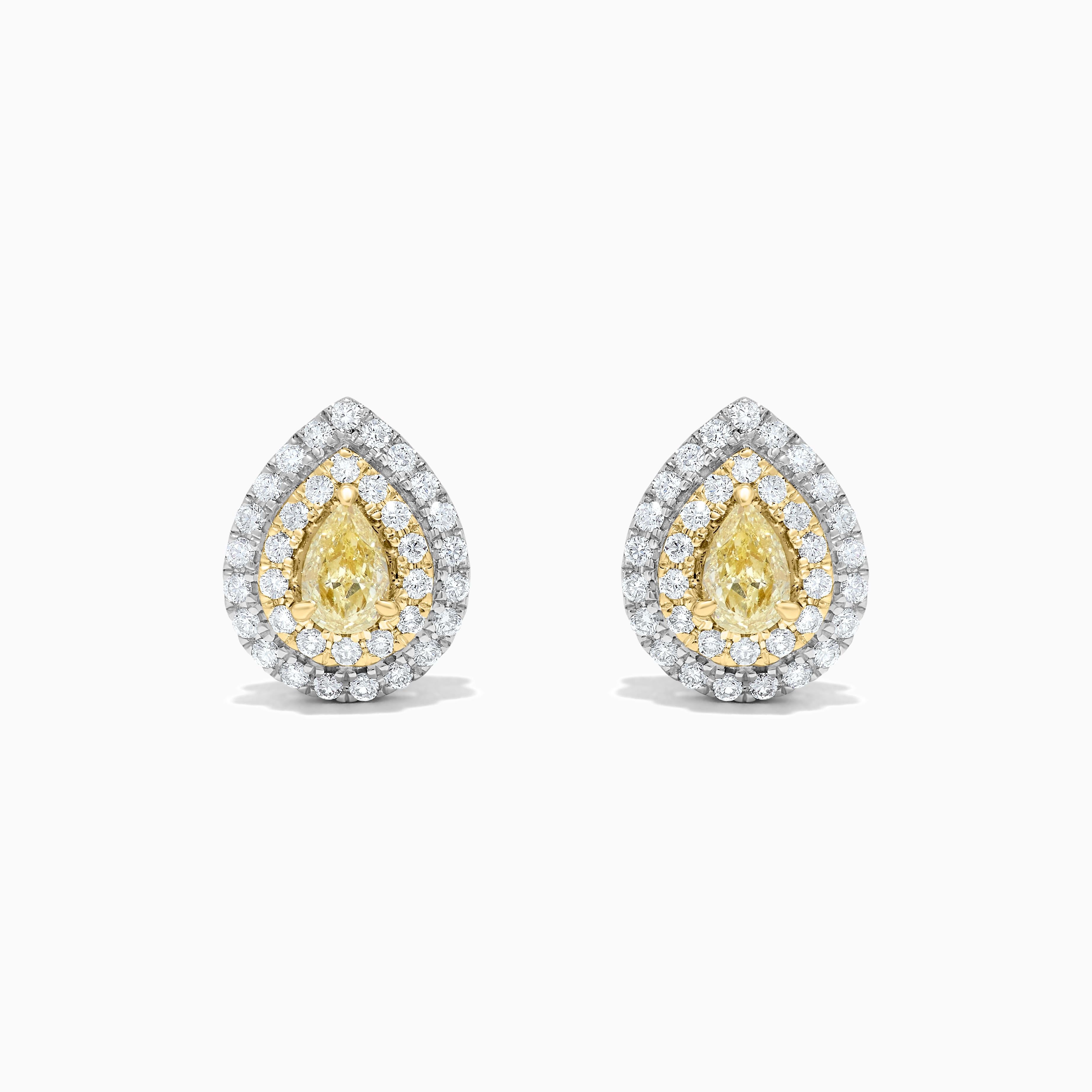 Contemporary Natural Yellow Pear-Shape and White Diamond 1.14 Carat TW Gold Stud Earrings For Sale