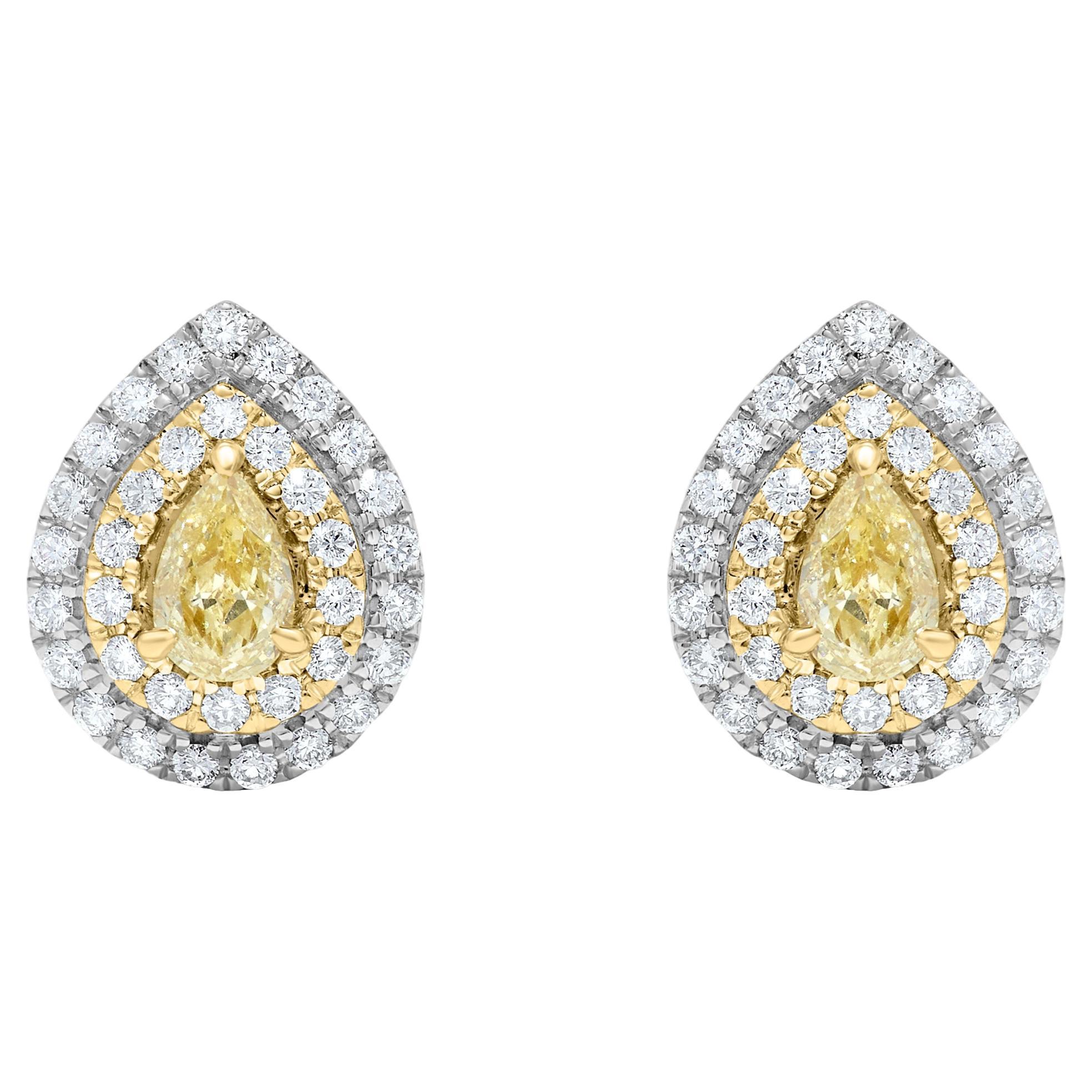 Natural Yellow Pear-Shape and White Diamond 1.14 Carat TW Gold Stud Earrings