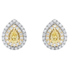 Natural Yellow Pear-Shape and White Diamond 1.14 Carat TW Gold Stud Earrings