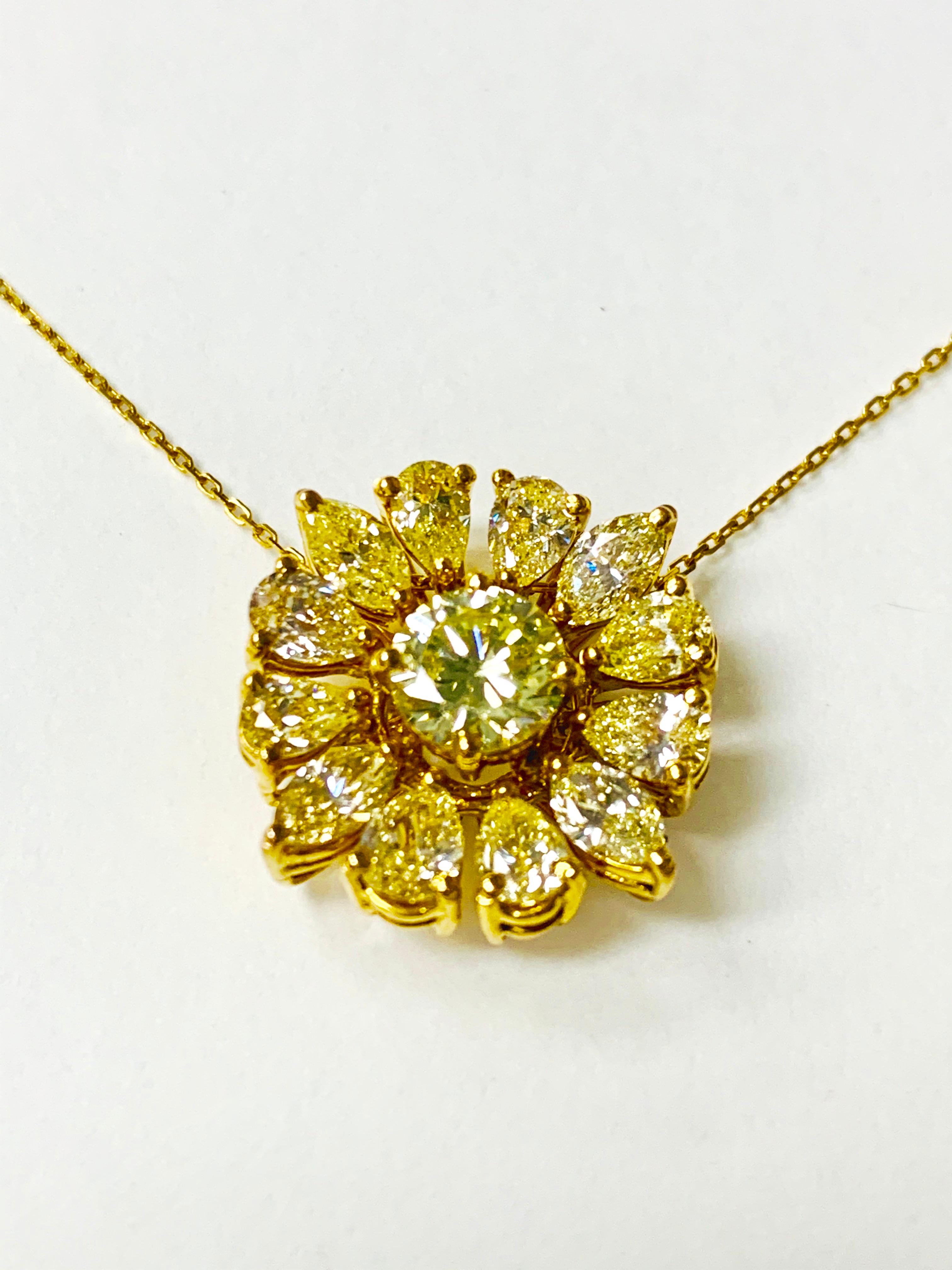 Contemporary Natural Yellow Pear Shape, Marquise and Round Diamond Pendant in 18 Karat Gold For Sale
