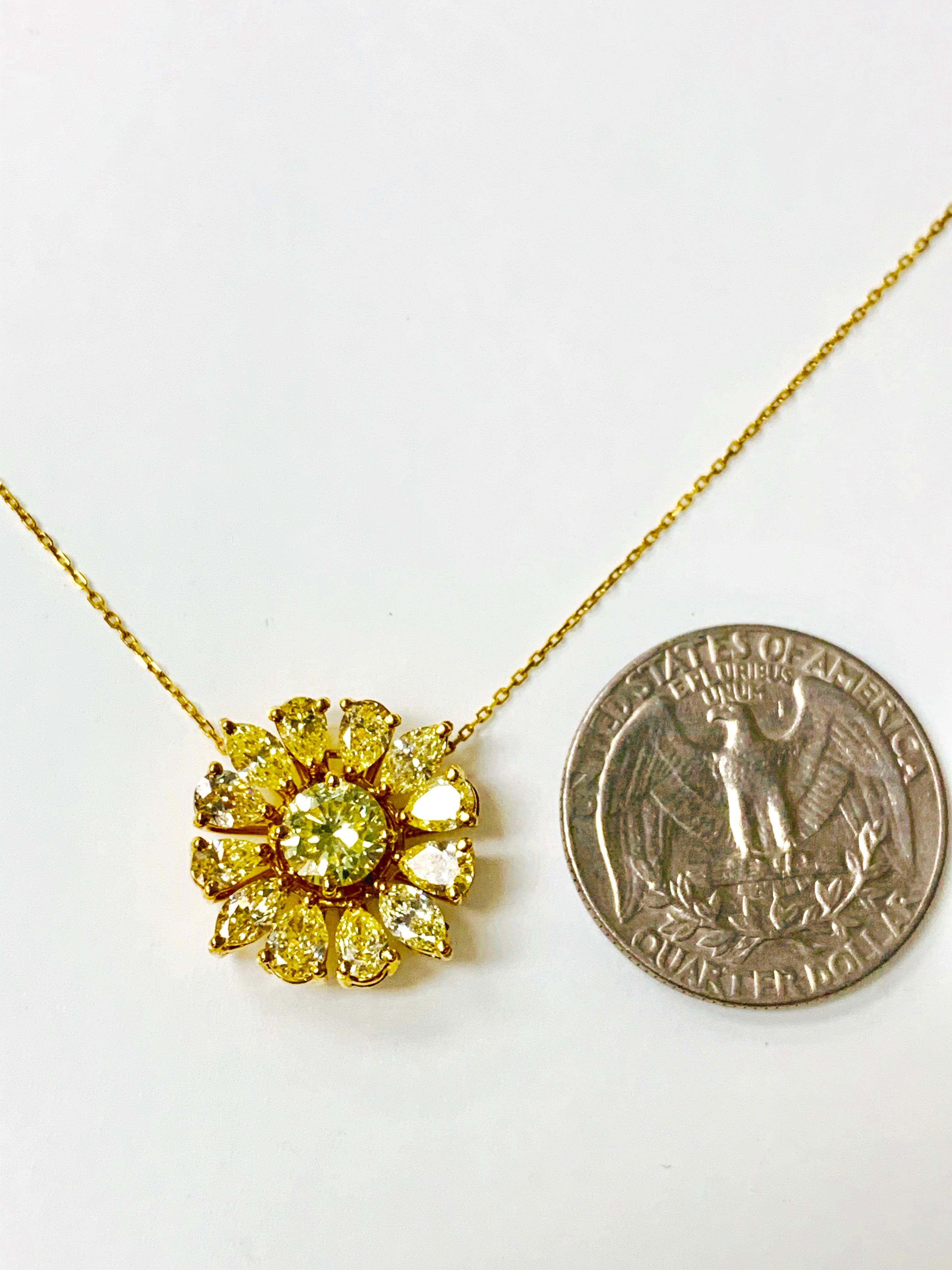 Women's Natural Yellow Pear Shape, Marquise and Round Diamond Pendant in 18 Karat Gold For Sale