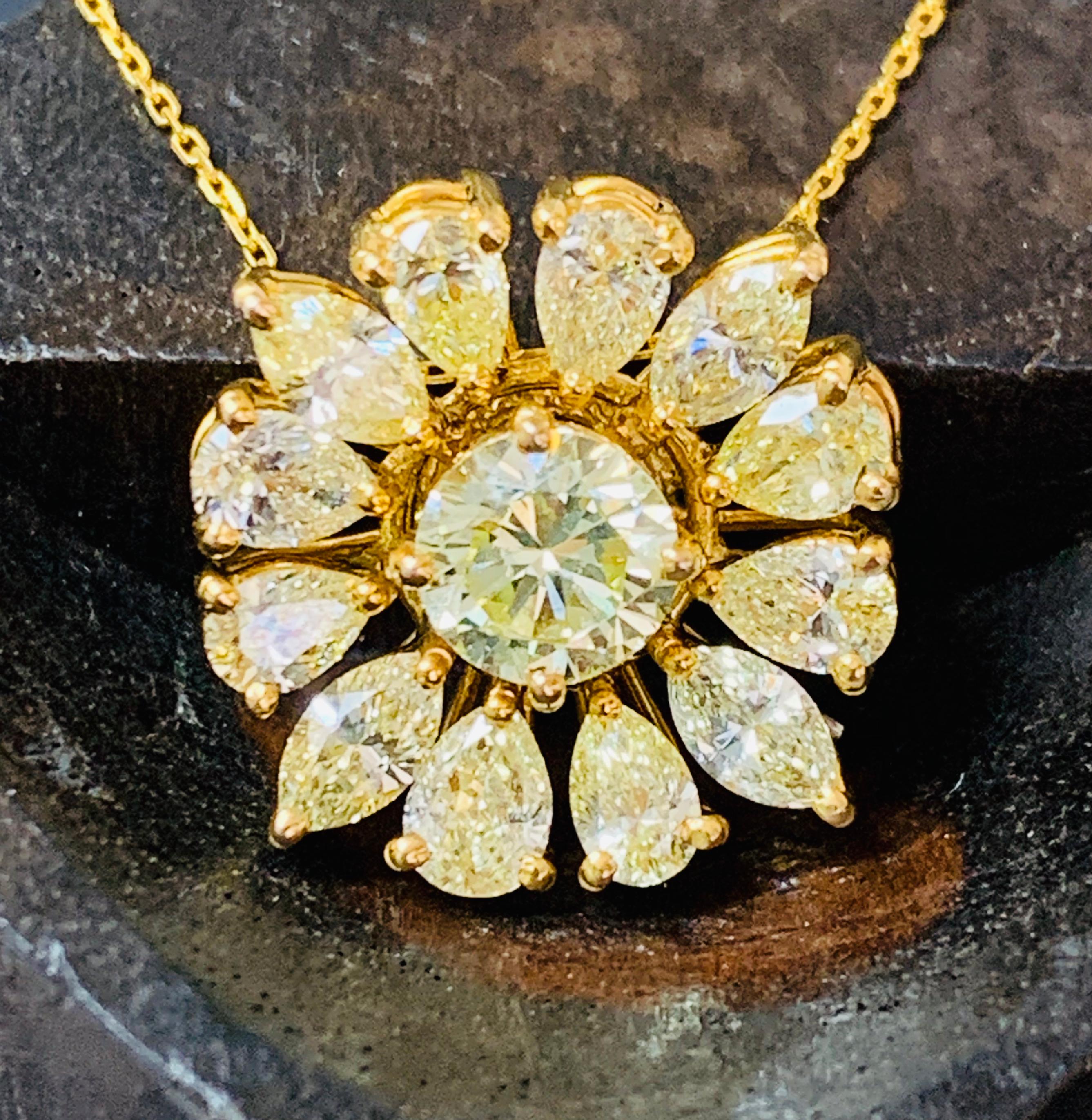 Natural Yellow Pear Shape, Marquise and Round Diamond Pendant in 18 Karat Gold For Sale 1