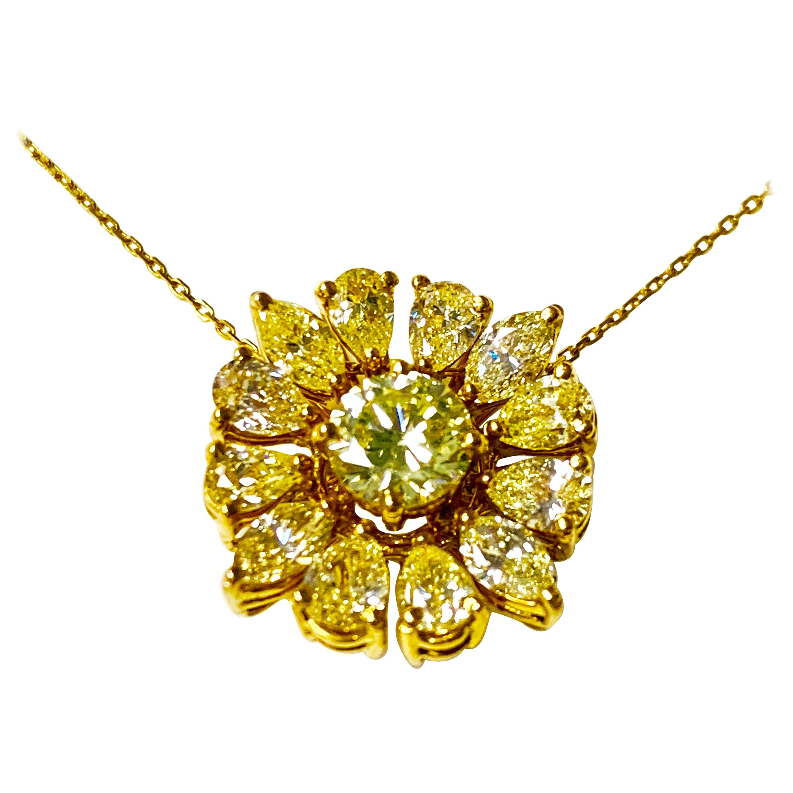 Natural Yellow Pear Shape, Marquise and Round Diamond Pendant in 18 Karat Gold For Sale