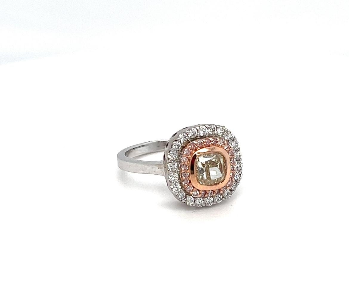 Antique Cushion Cut Natural Yellow Pink and White Diamond Ring, 1.66 ctw. For Sale