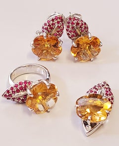 Natural Yellow Quartz Ruby and Diamond Pendant, Earrings and Ring Jewelry Set