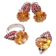 Natural Yellow Quartz Ruby and Diamond Pendant, Earrings and Ring Jewelry Set