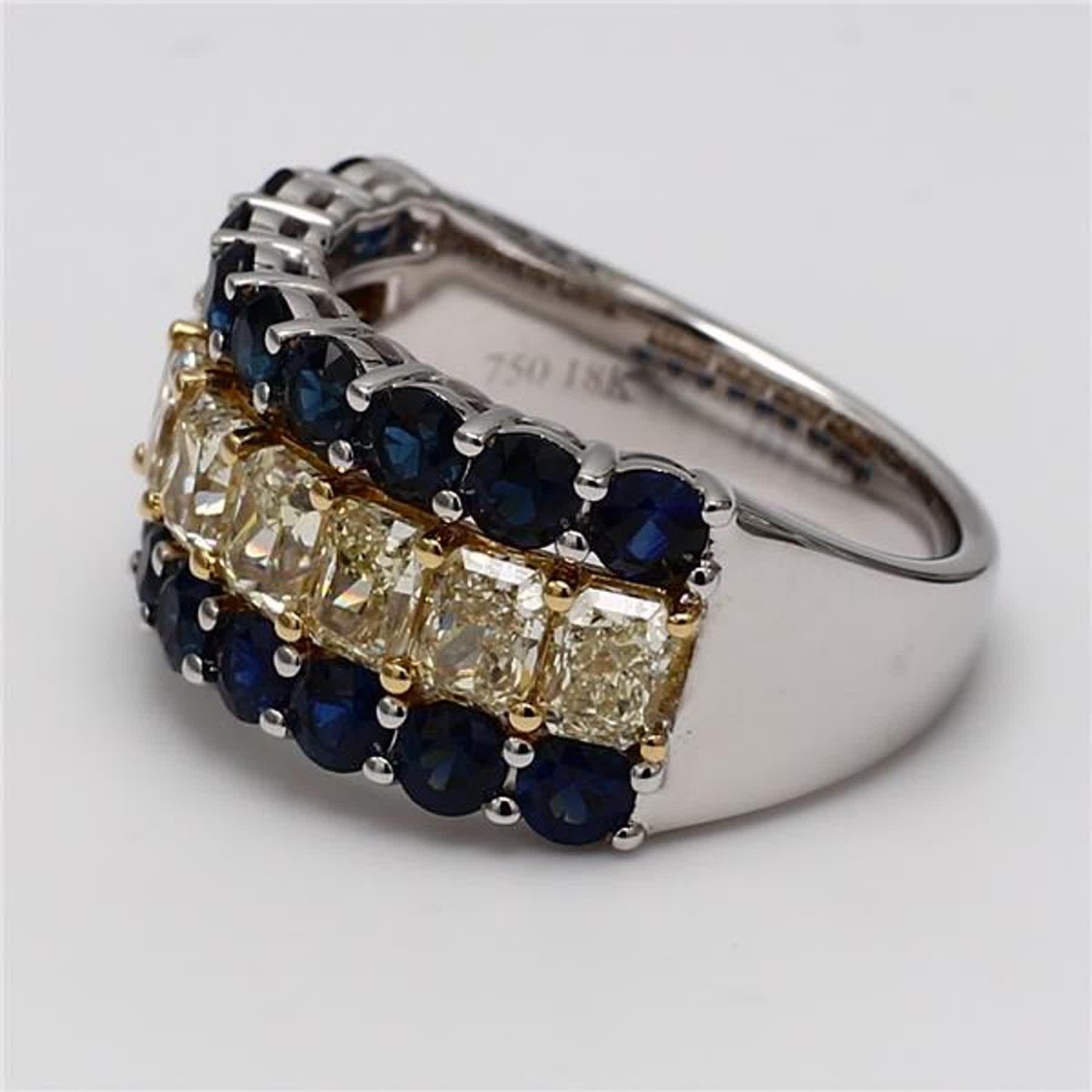 Contemporary Natural Yellow Radiant Diamond and Blue Round Sapphire 5.16 Carat TW Gold Band For Sale
