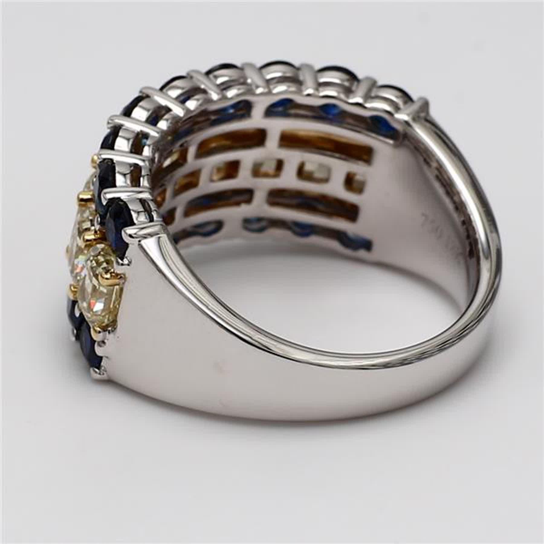 Radiant Cut Natural Yellow Radiant Diamond and Blue Round Sapphire 5.16 Carat TW Gold Band For Sale