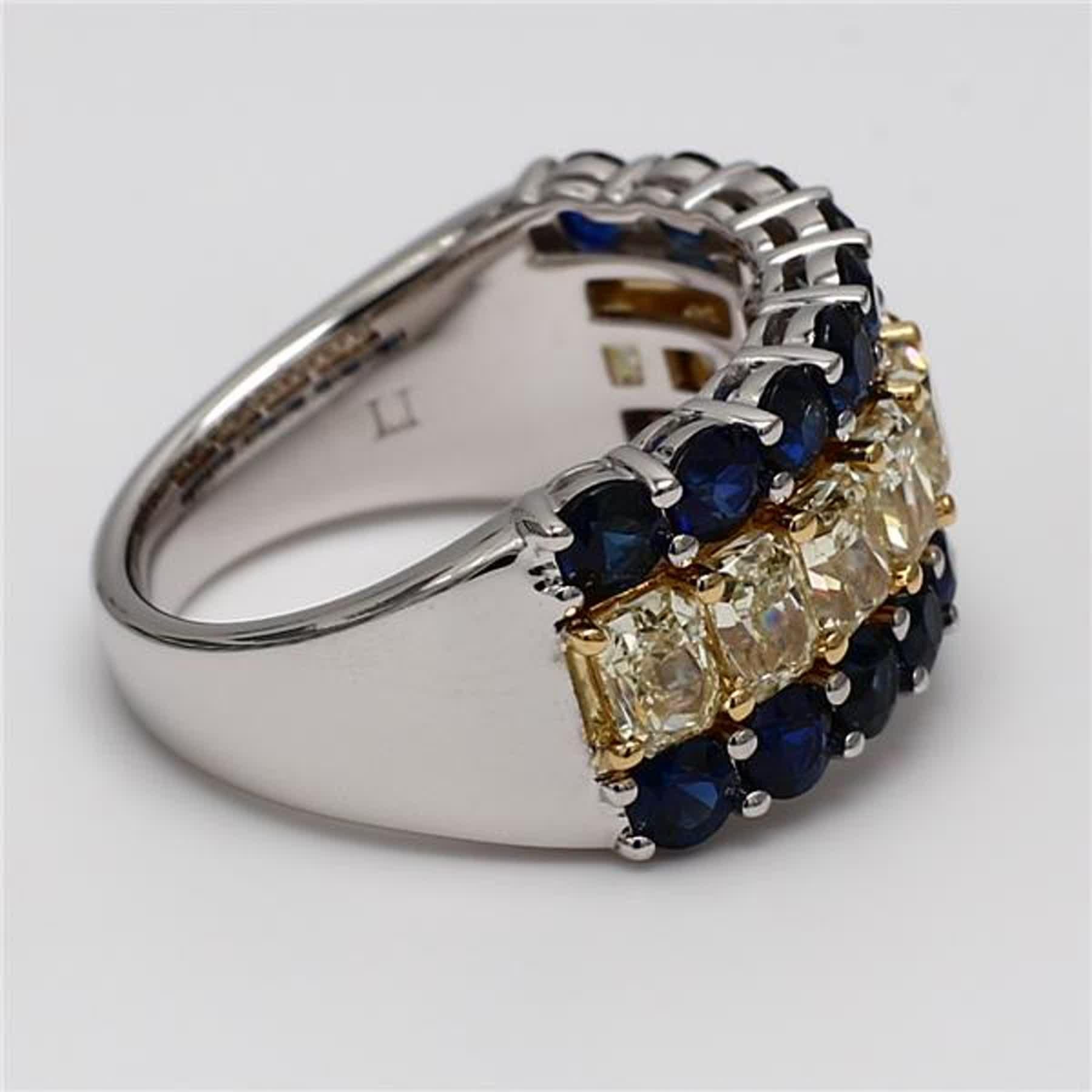 Women's Natural Yellow Radiant Diamond and Blue Round Sapphire 5.16 Carat TW Gold Band For Sale