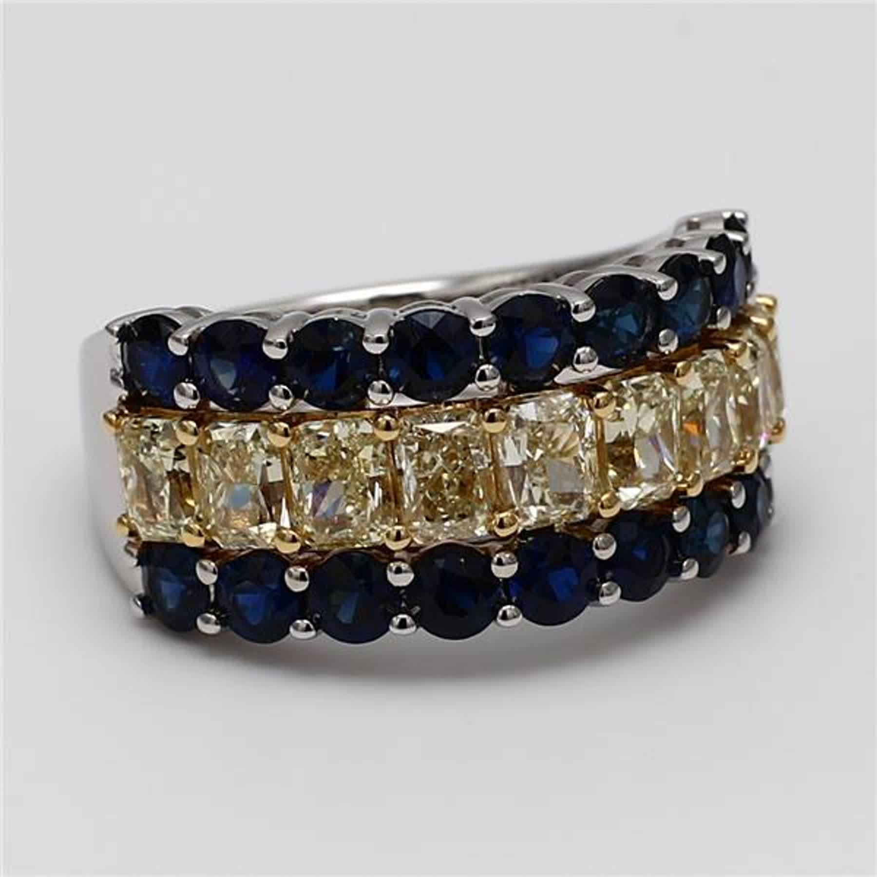 Natural Yellow Radiant Diamond and Blue Round Sapphire 5.16 Carat TW Gold Band For Sale 1