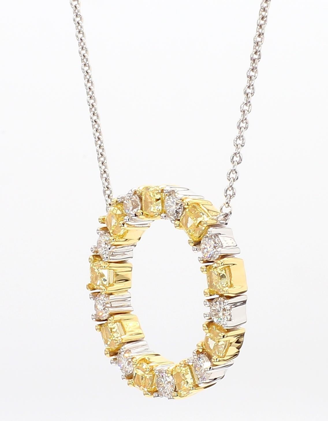 RareGemWorld's intriguing diamond necklace. Mounted in a beautiful 18K Yellow and White Gold setting with natural radiant cut yellow diamonds. The yellow diamonds are complimented by small round natural white diamond melee. This necklace is