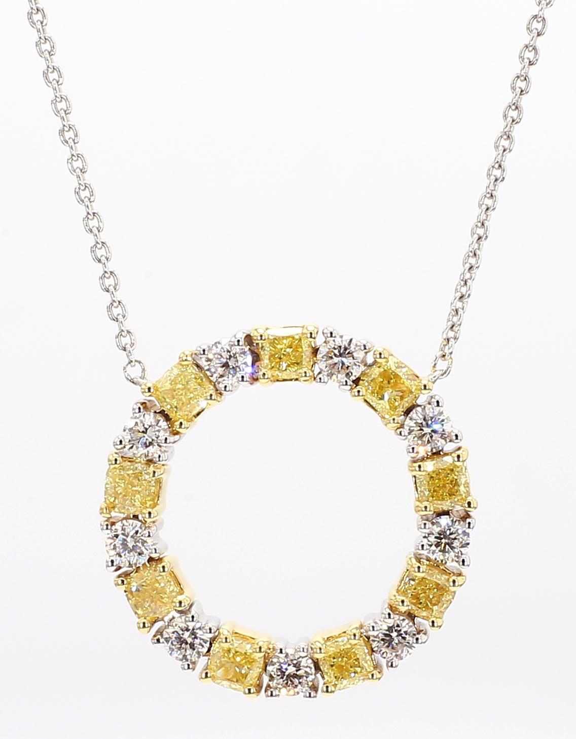 Contemporary Natural Yellow Radiant and White Diamond 1.47 Carat TW Gold Circle Pendant For Sale