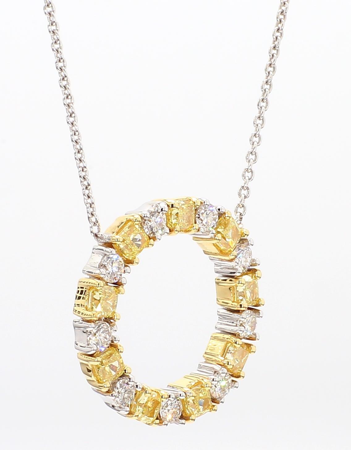 Radiant Cut Natural Yellow Radiant and White Diamond 1.47 Carat TW Gold Circle Pendant For Sale