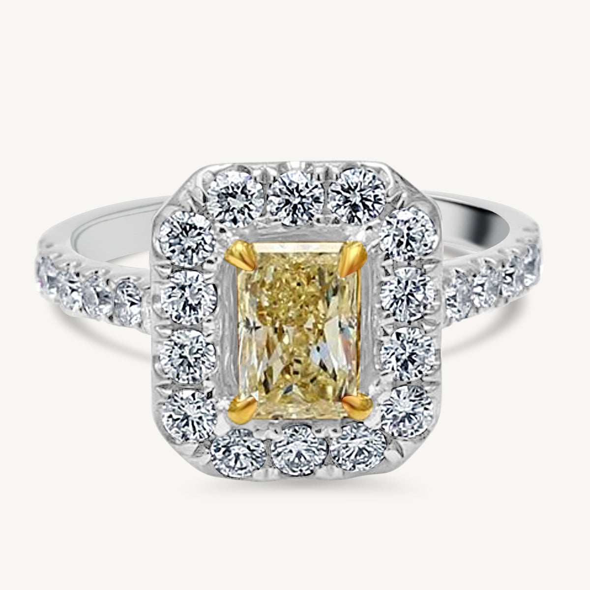 Natural Yellow Radiant and White Diamond 1.52 Carat TW Gold Cocktail Ring For Sale