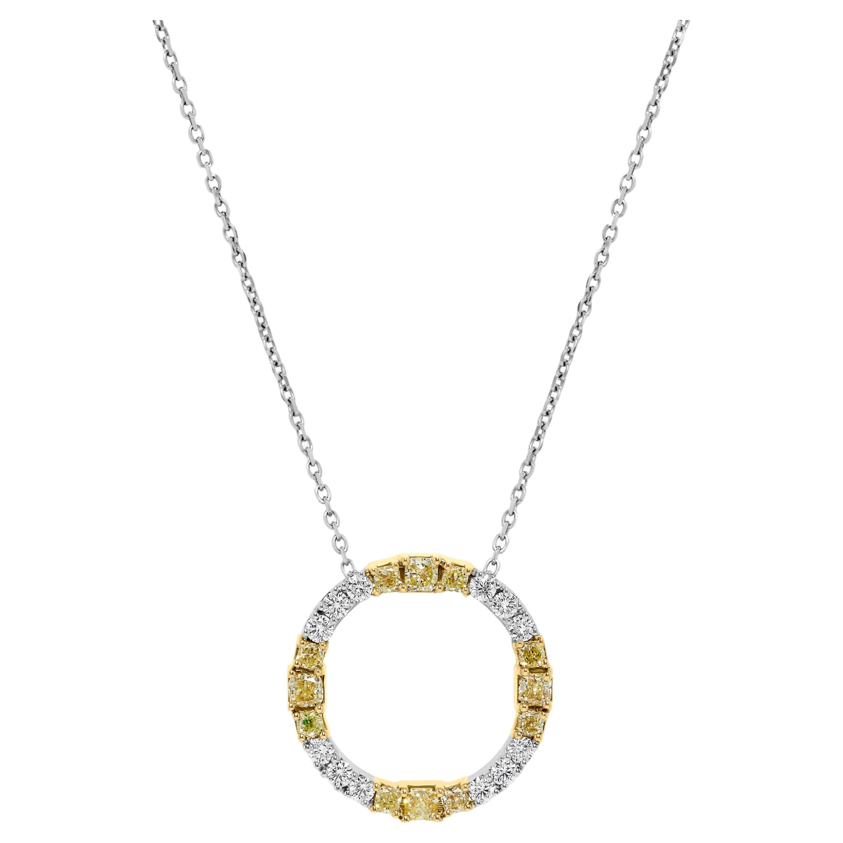 Natural Yellow Radiant and White Diamond 1.59 Carat TW Gold Circle Pendant For Sale