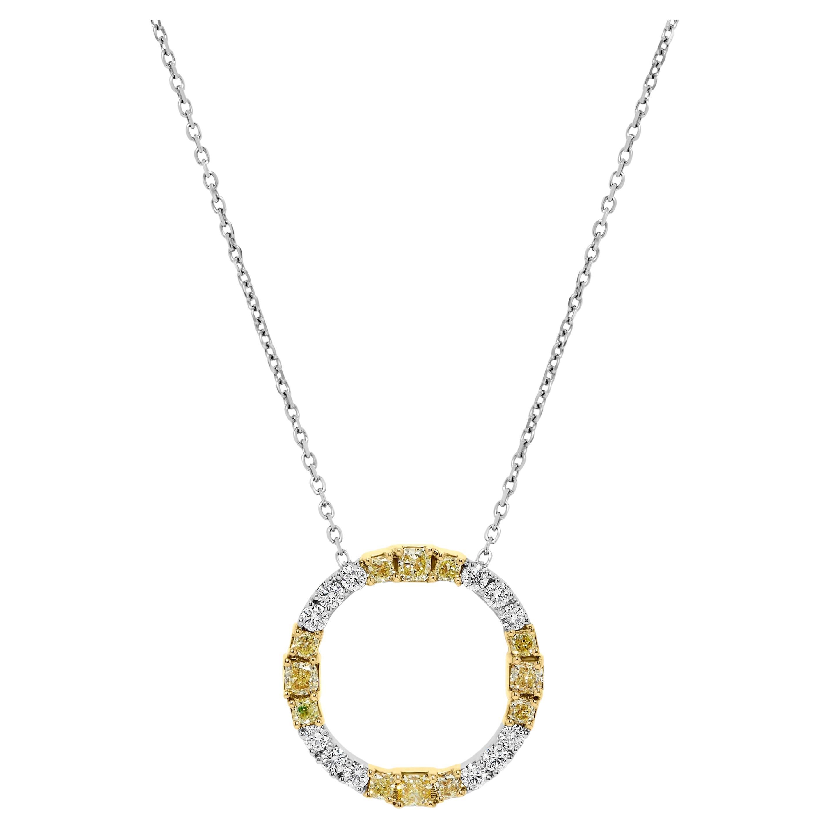 Natural Yellow Radiant and White Diamond 1.59 Carat TW Gold Circle Pendant