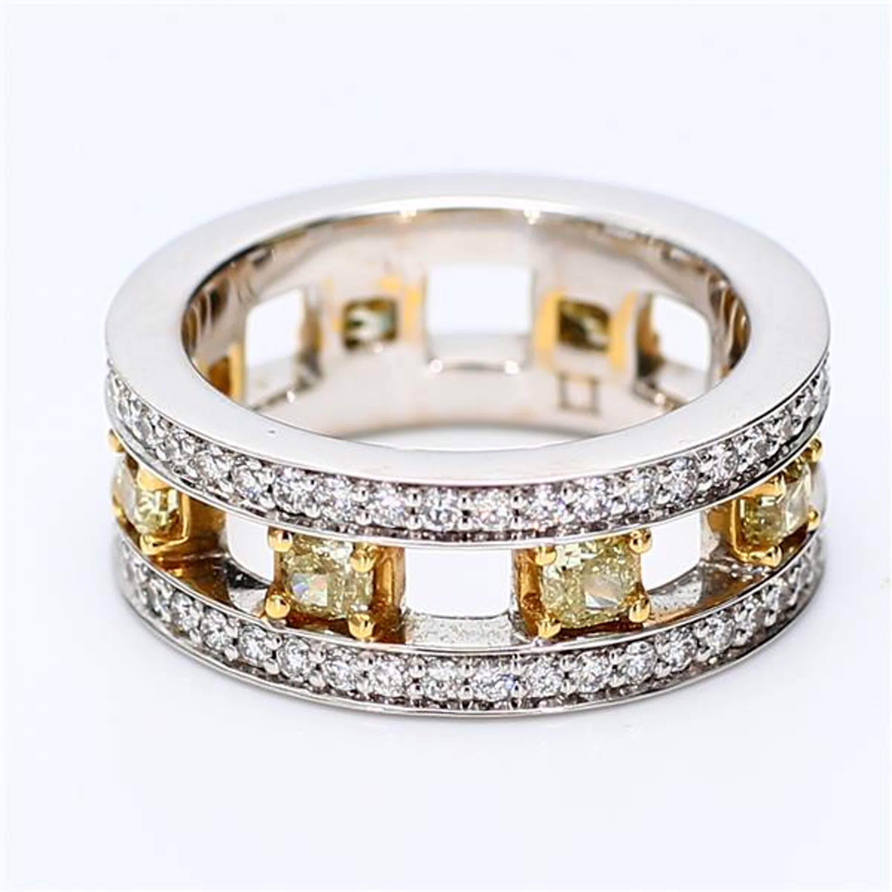 RareGemWorld's classic diamond band. Mounted in a beautiful 18K Yellow and White Gold setting with natural radiant cut yellow diamonds complimented by natural round white diamond melee. This band is guaranteed to impress and enhance your personal