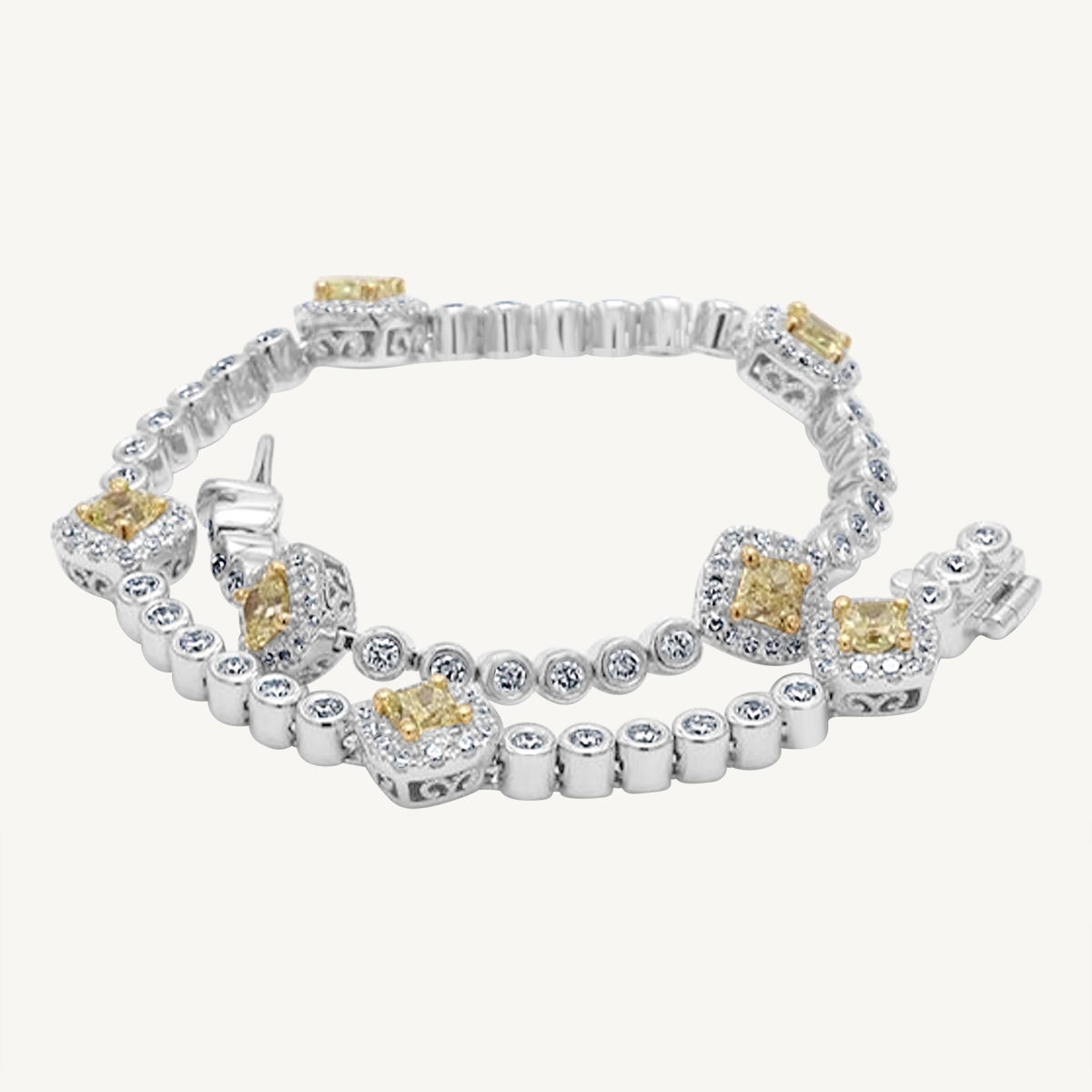 Natural Yellow Radiant and White Diamond 2.87 Carat TW Gold Bracelet