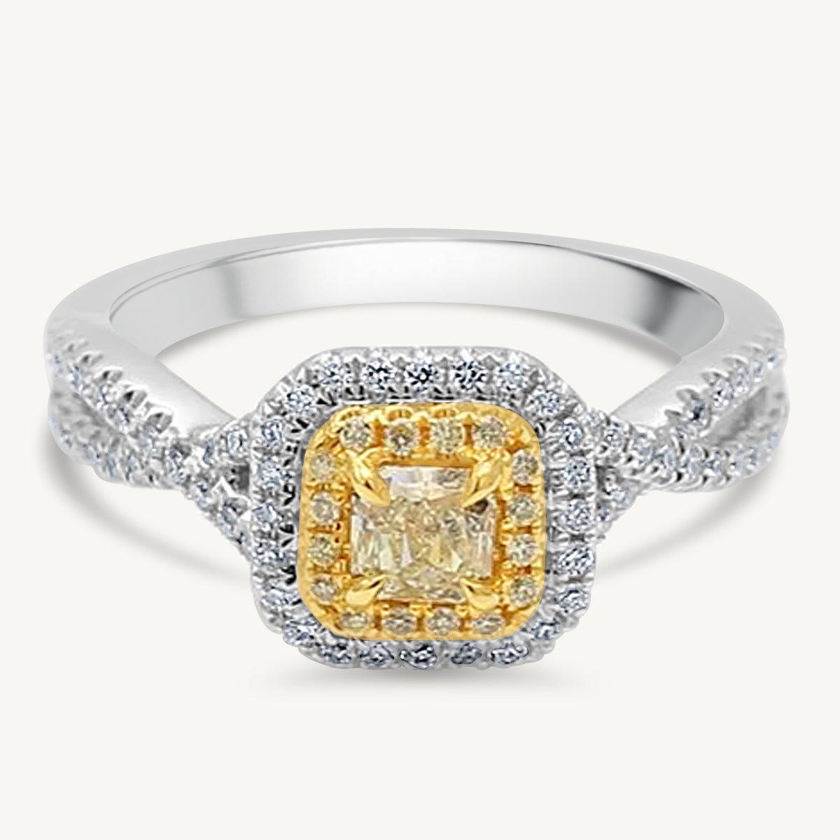 Natural Yellow Radiant and White Diamond .63 Carat TW Gold Cocktail Ring