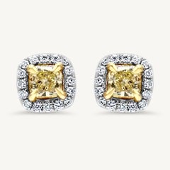 Natural Yellow Radiant and White Diamond .89 Carat TW Gold Stud Earrings
