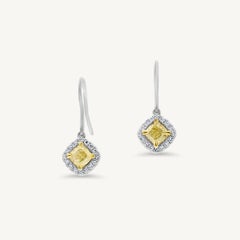 Natural Yellow Radiant and White Diamond .90 Carat TW Gold Dangle Earrings