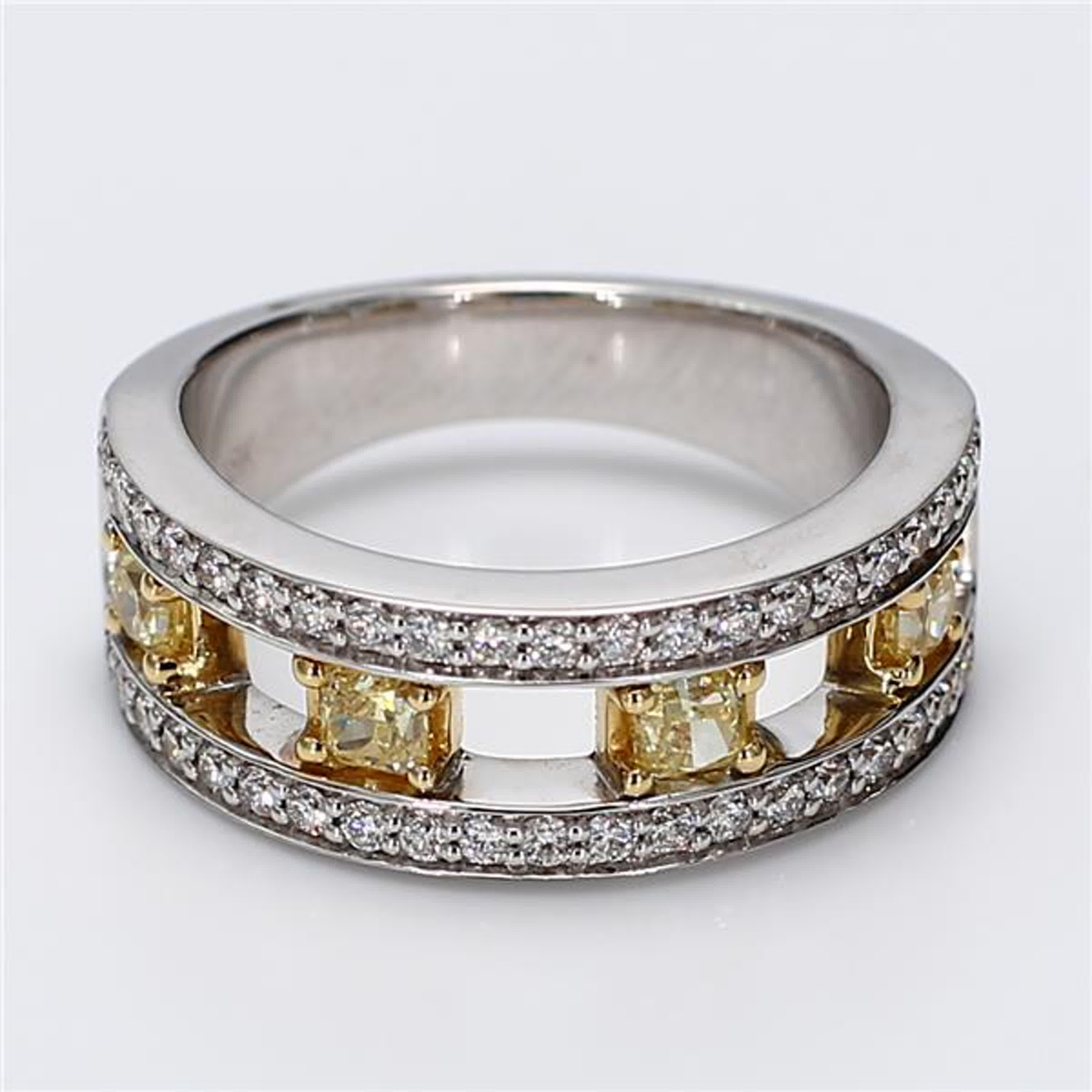 RareGemWorld's classic diamond band. Mounted in a beautiful 18K Yellow and White Gold setting with natural radiant cut yellow diamonds complimented by natural round white diamond melee. This band is guaranteed to impress and enhance your personal