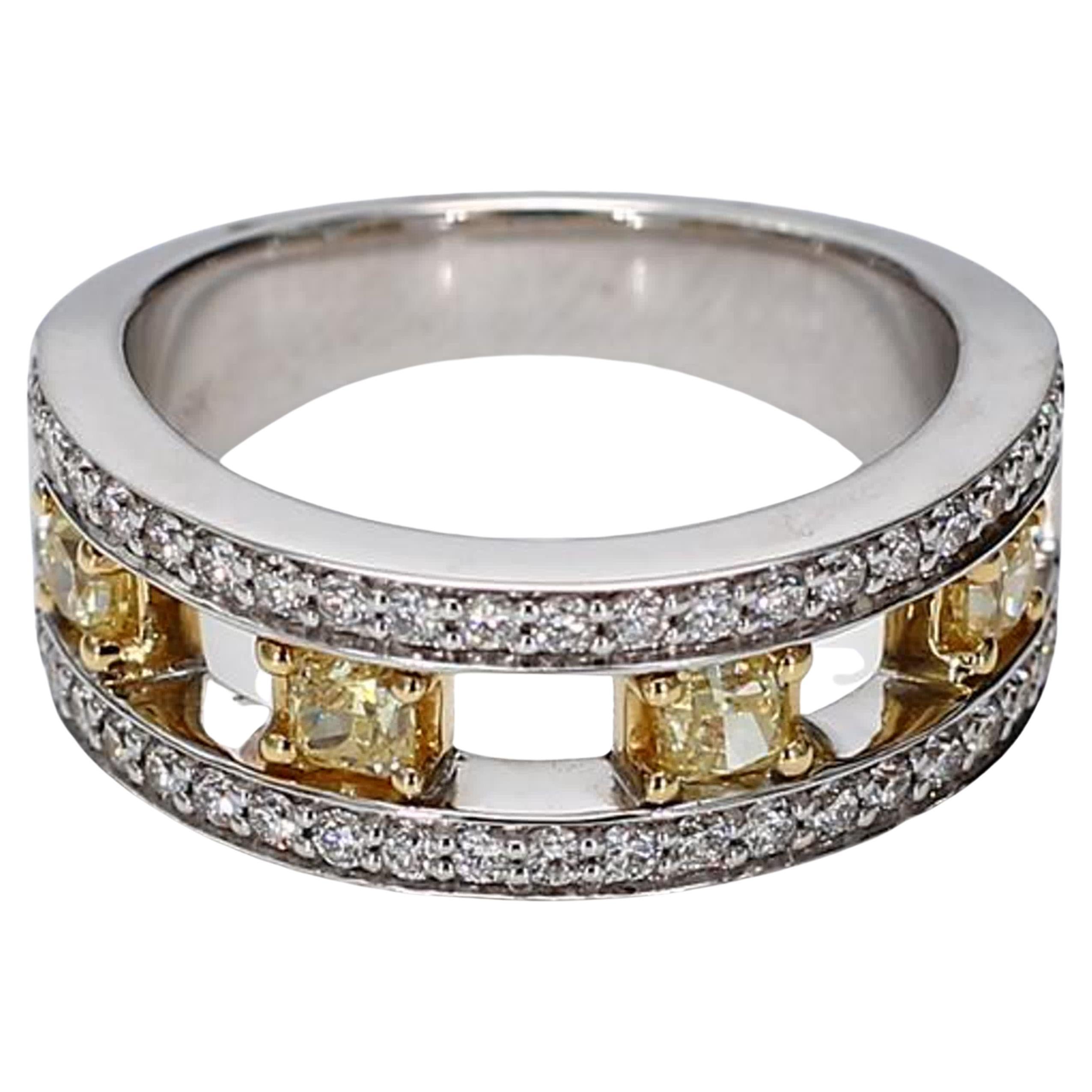 Natural Yellow Radiant and White Diamond .97 Carat TW Gold Wedding Band For Sale