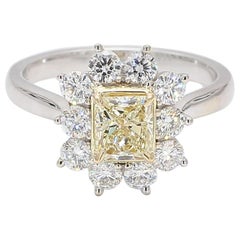 Natural Yellow Radiant and White Diamond Ring 1.74 Carat Total Diamond 18k Gold