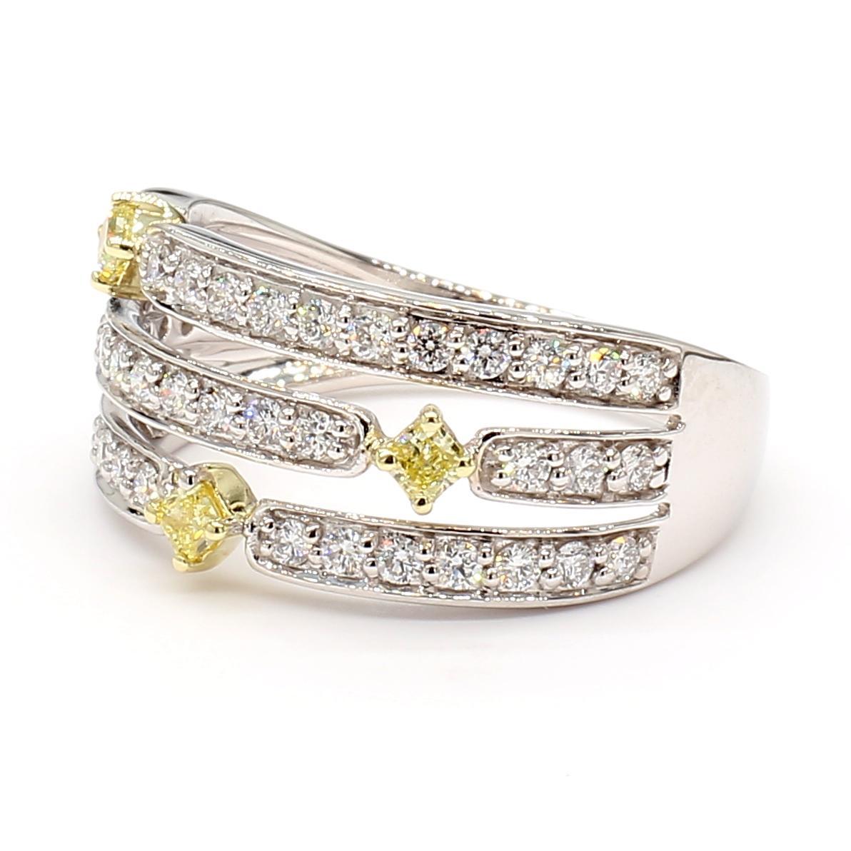 RareGemWorld's beautiful diamond ring. Mounted in a beautiful 14K Yellow and White Gold setting with natural radiant cut yellow diamonds. The yellow diamonds are surrounded by round natural white diamond melee. This ring is guaranteed to impress and