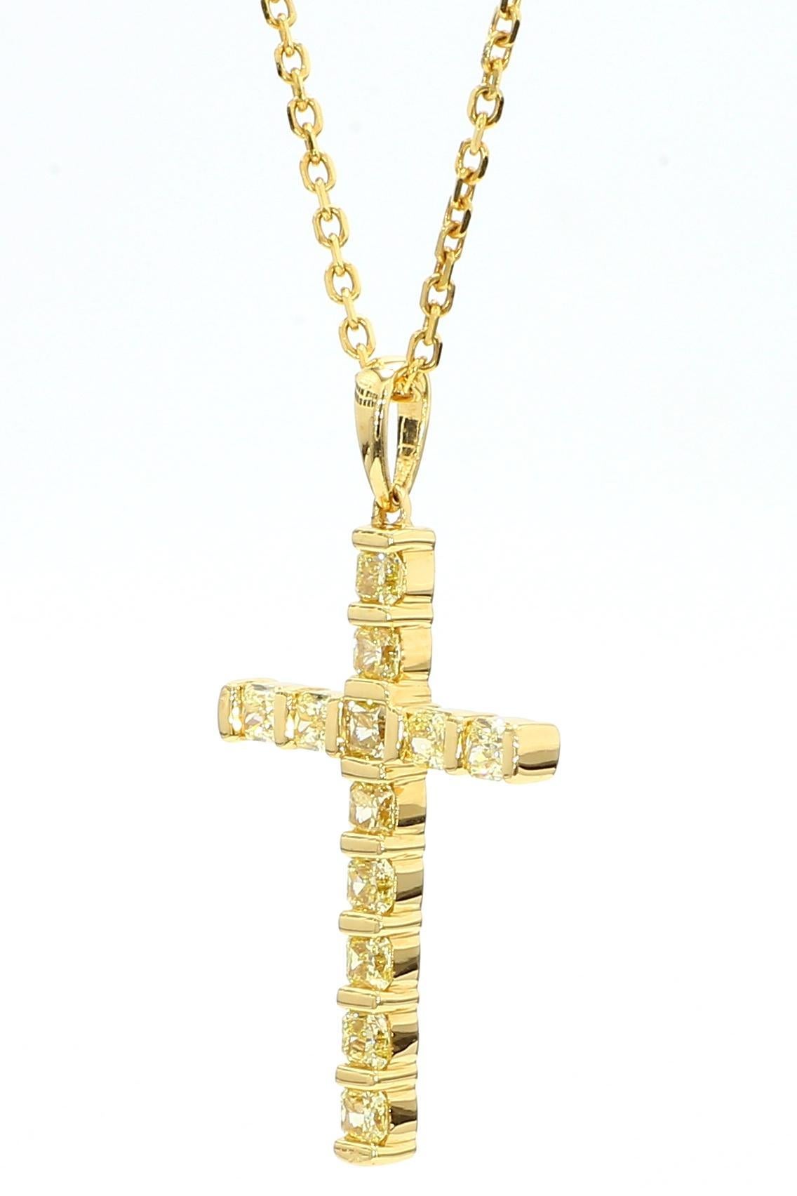 Contemporary Natural Yellow Radiant Diamond 0.80 Carat TW Yellow Gold Cross Pendant For Sale