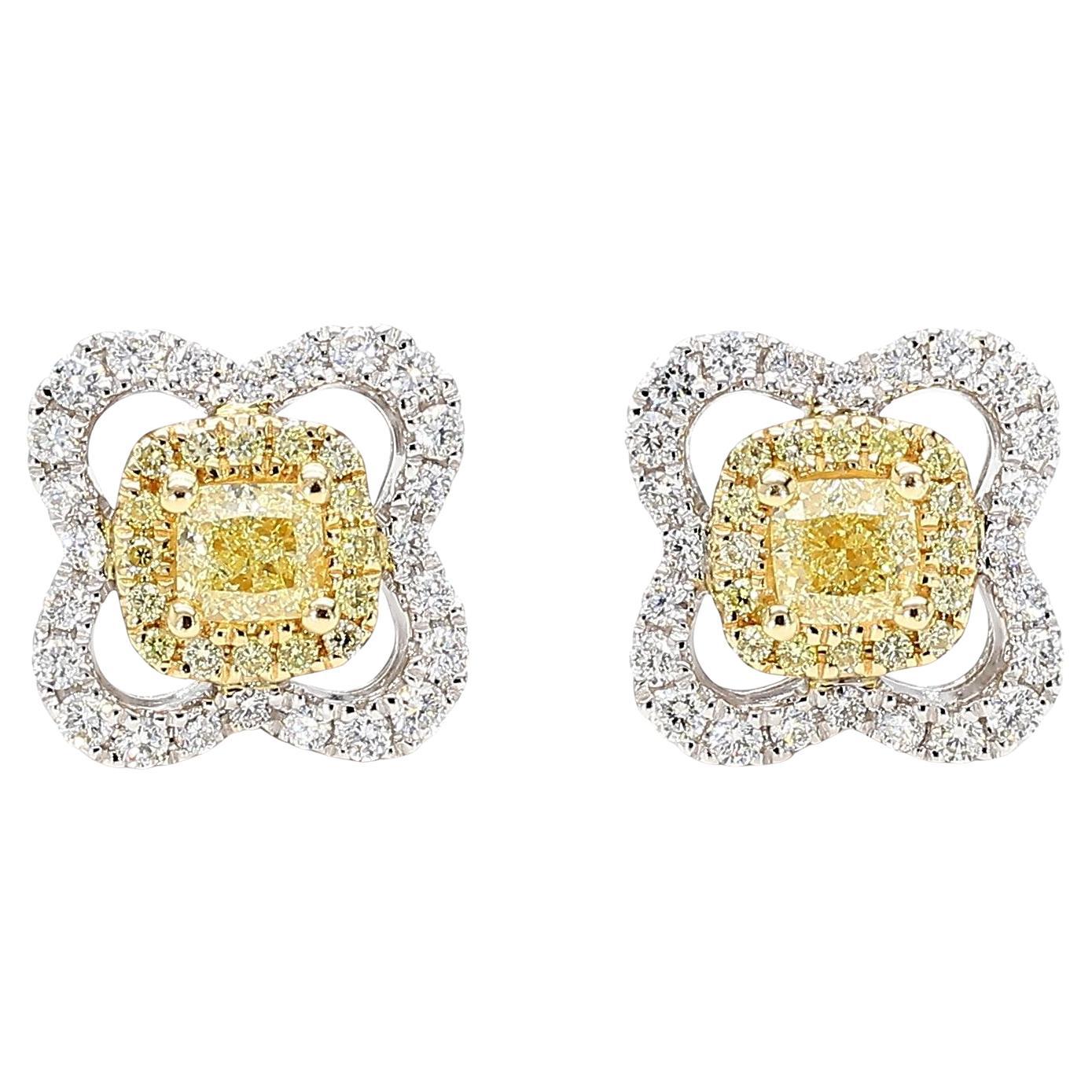 Natural Yellow Radiant Diamond 0.90 Carat TW Gold Stud Earrings