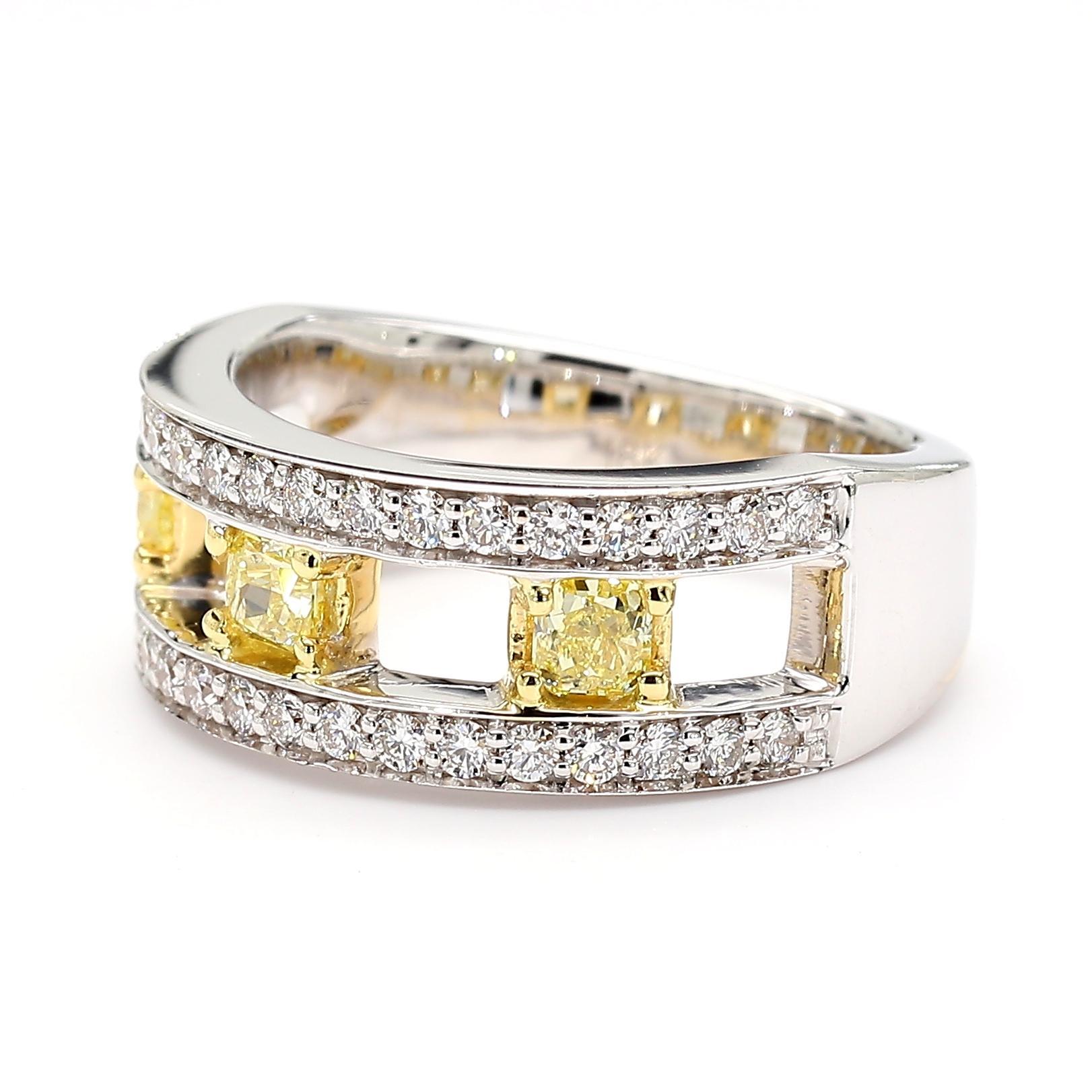 RareGemWorld's beautiful diamond cocktail ring. Mounted in a beautiful 18K Yellow and White Gold setting with natural radiant cut yellow diamonds complimented by natural round cut white diamonds. This ring is guaranteed to impress and enhance your