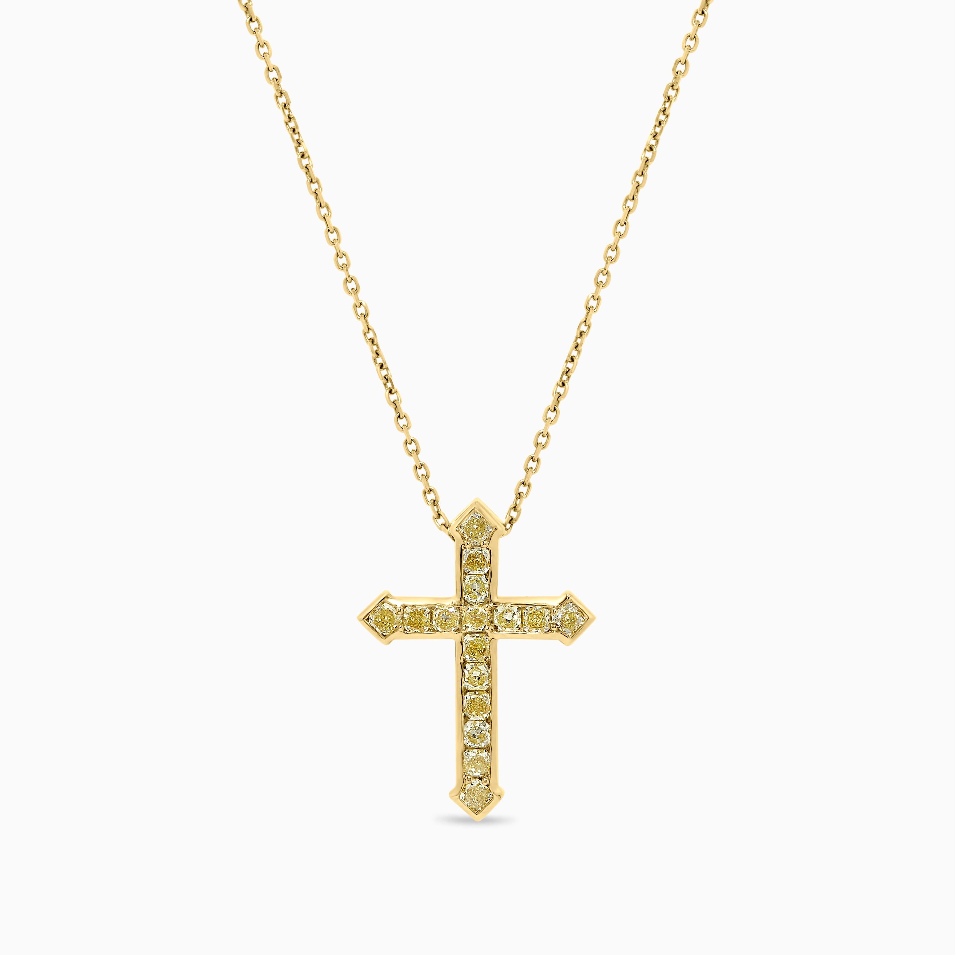 Contemporary Natural Yellow Radiant Diamond 1.06 Carat TW Yellow Gold Cross Pendant For Sale