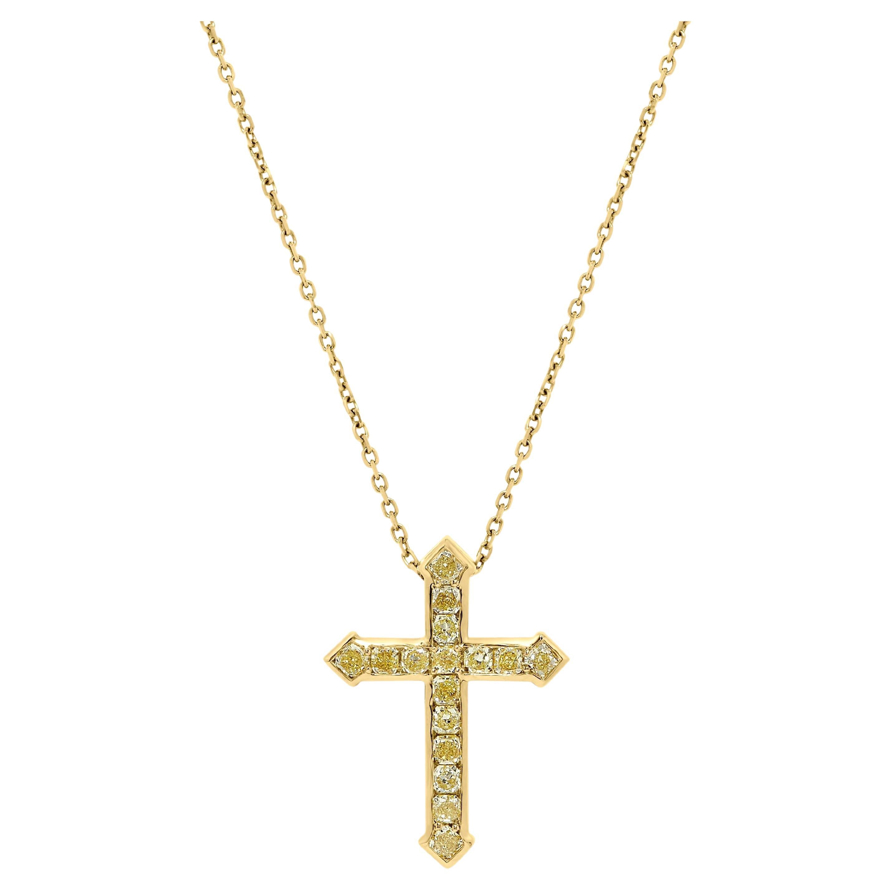 Natural Yellow Radiant Diamond 1.22 Carat TW Yellow Gold Cross Pendant