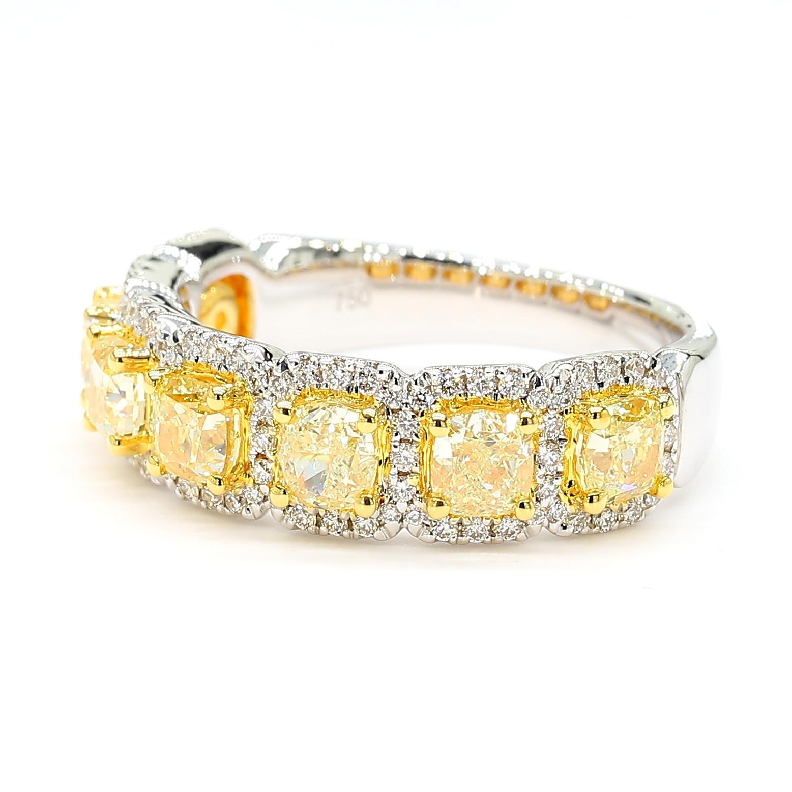 RareGemWorld's beautiful diamond cocktail band. Mounted in a beautiful 18K Yellow and White Gold setting with natural radiant cut yellow diamonds complimented by natural round cut white diamonds. This band is guaranteed to impress and enhance your