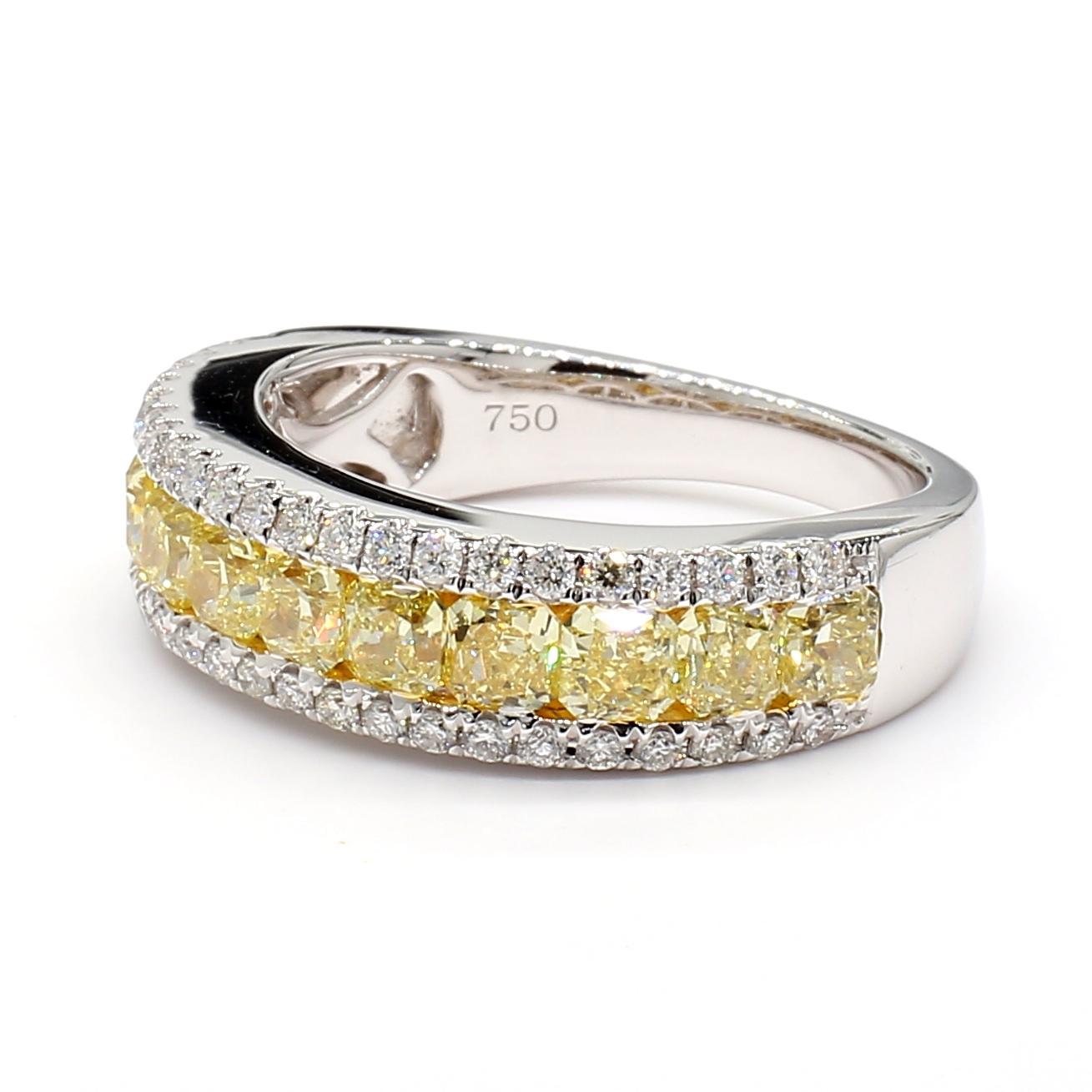 RareGemWorld's beautiful diamond band. Mounted in a beautiful 18K Yellow and White Gold setting with natural radiant cut yellow diamonds complimented by natural round cut white diamonds. This band is guaranteed to impress and enhance your personal