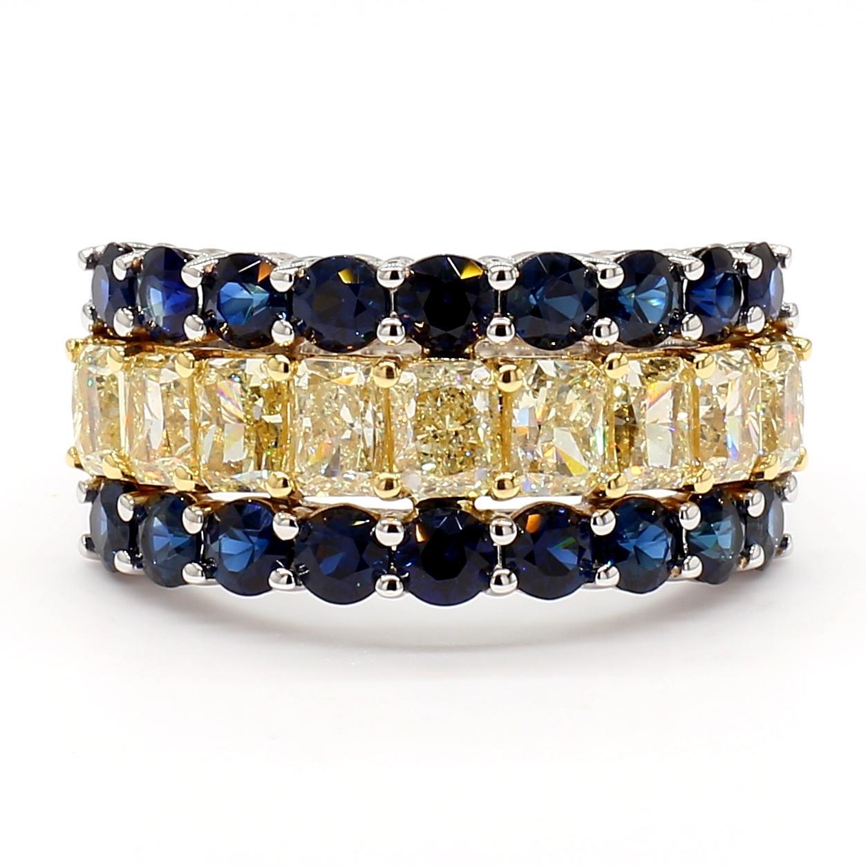 Contemporary Natural Yellow Radiant Diamond and Blue Round Sapphire 5.16 Carat TW Gold Band For Sale
