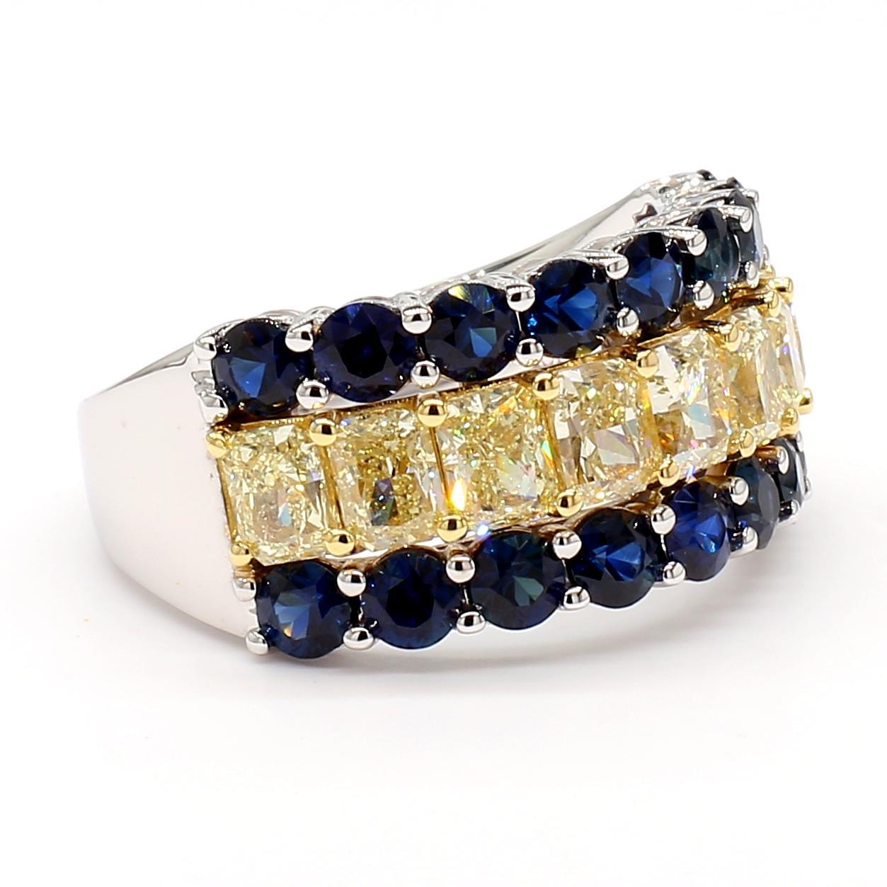 Radiant Cut Natural Yellow Radiant Diamond and Blue Round Sapphire 5.16 Carat TW Gold Band For Sale